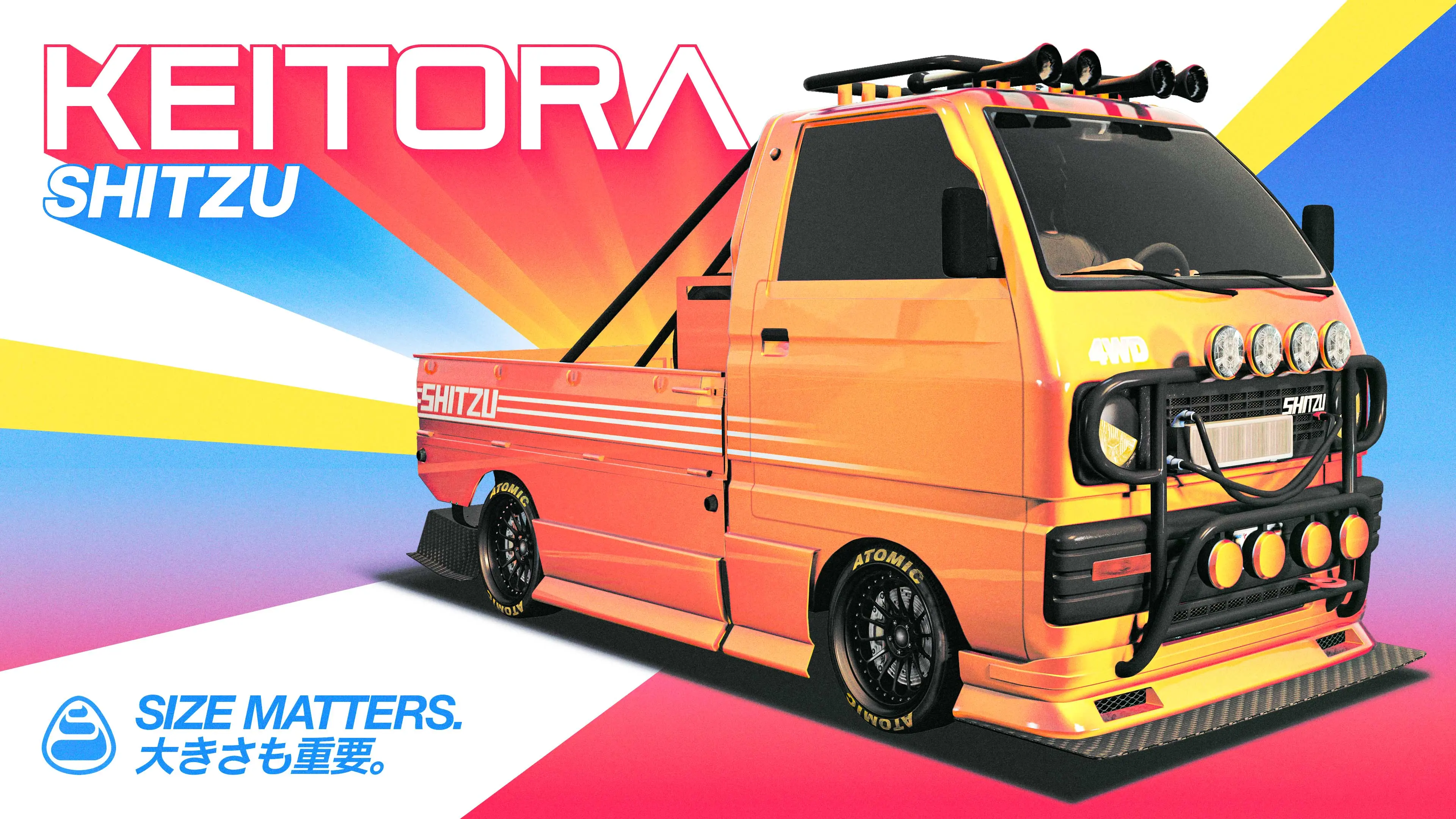 Shitzu Keitora poster: a small orange two-door pickup with an open bed and the tagline “Size Matters”.