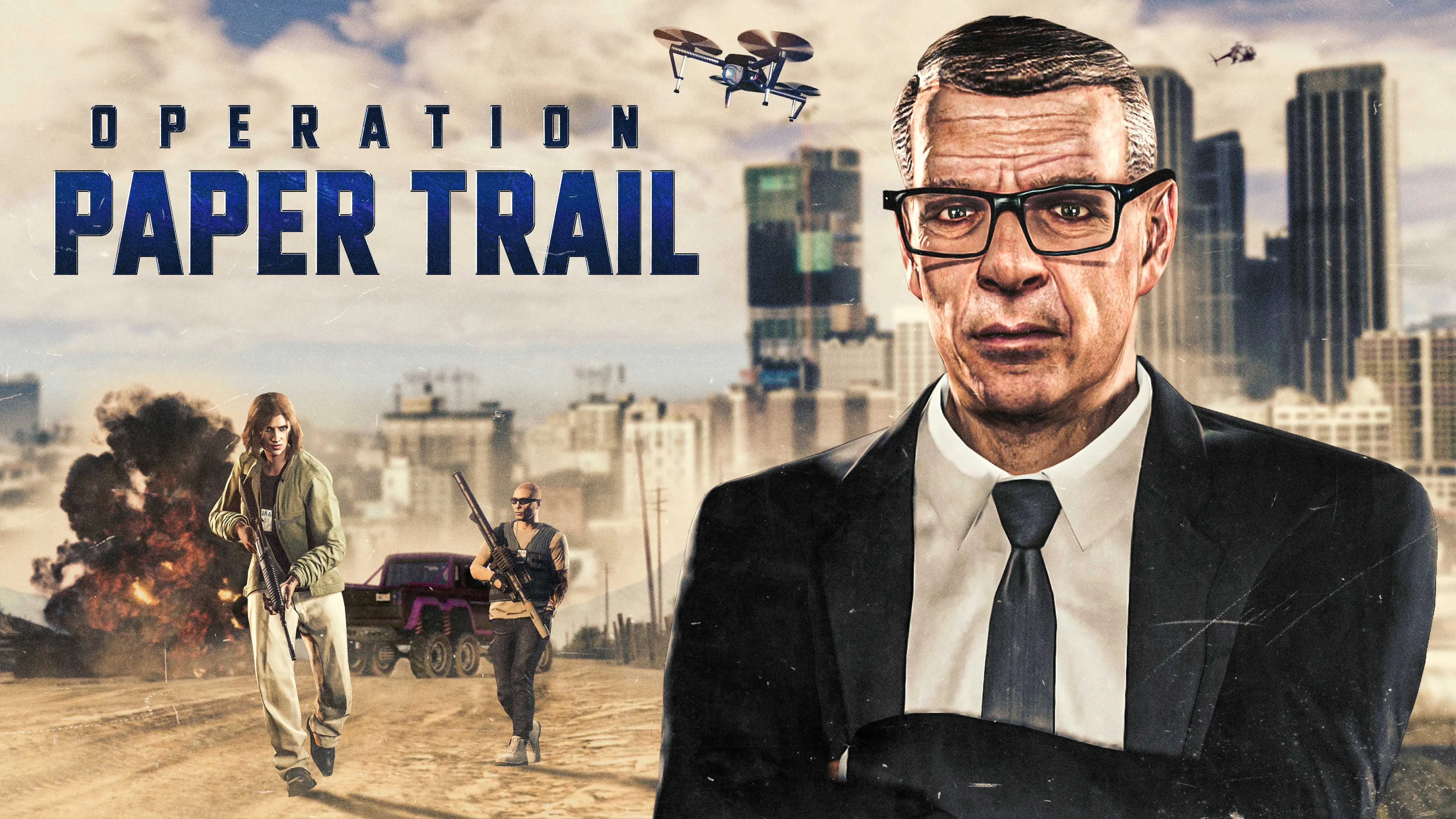 Operation Paper Trail poster with Agent ULP in front of armed characters fleeing an explosion as a drone flies overhead.