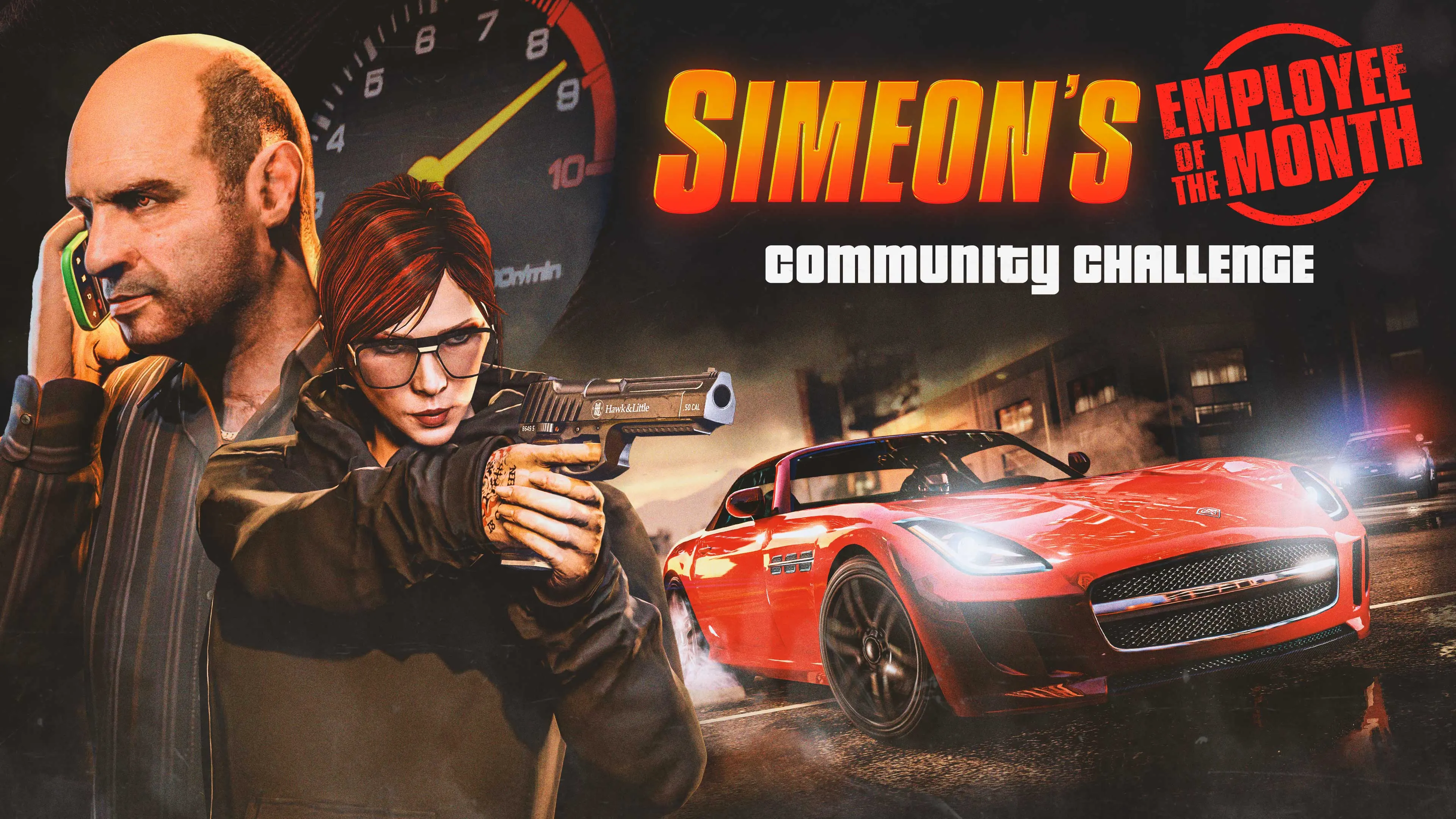 Simeon's Employee of the Month Challenge poster: Simeon on the phone, an armed woman and a red sports car.