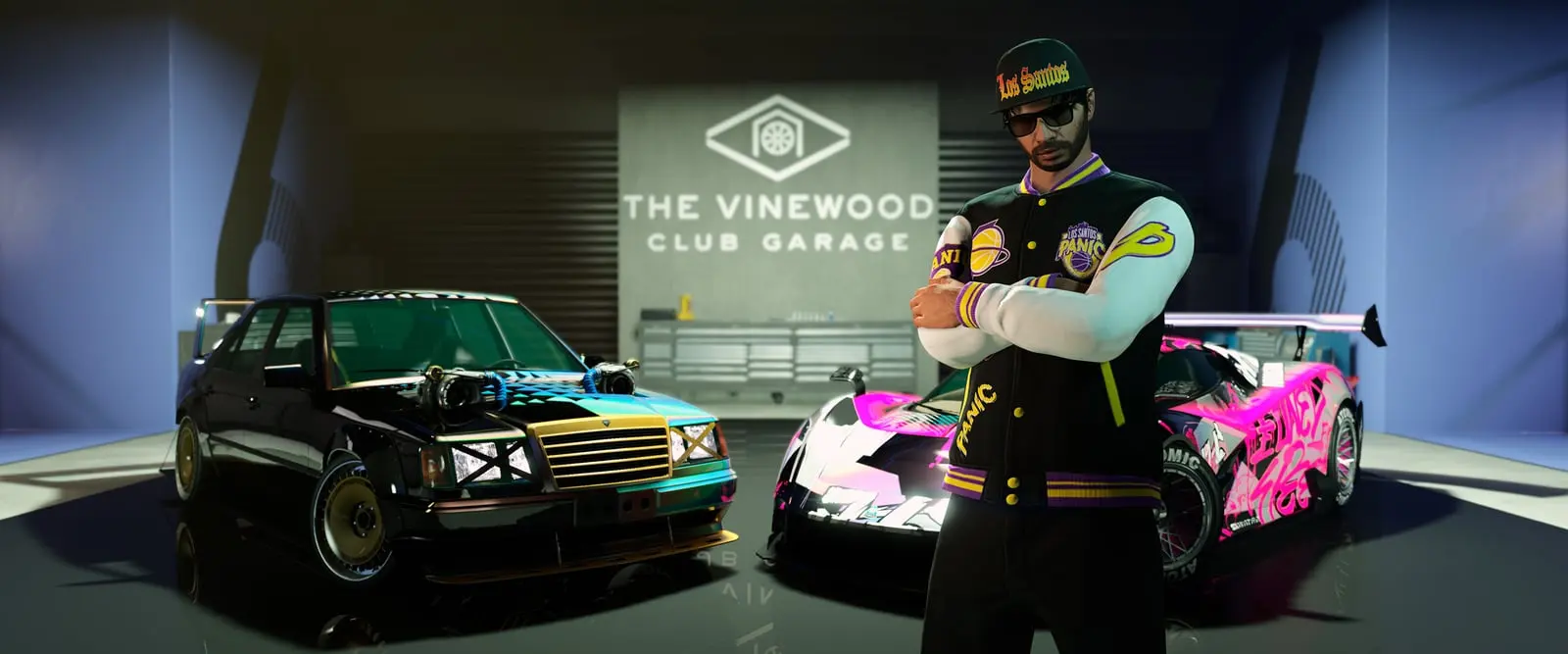 A GTA Online character in front of two customised cars in The Vinewood Club garage.