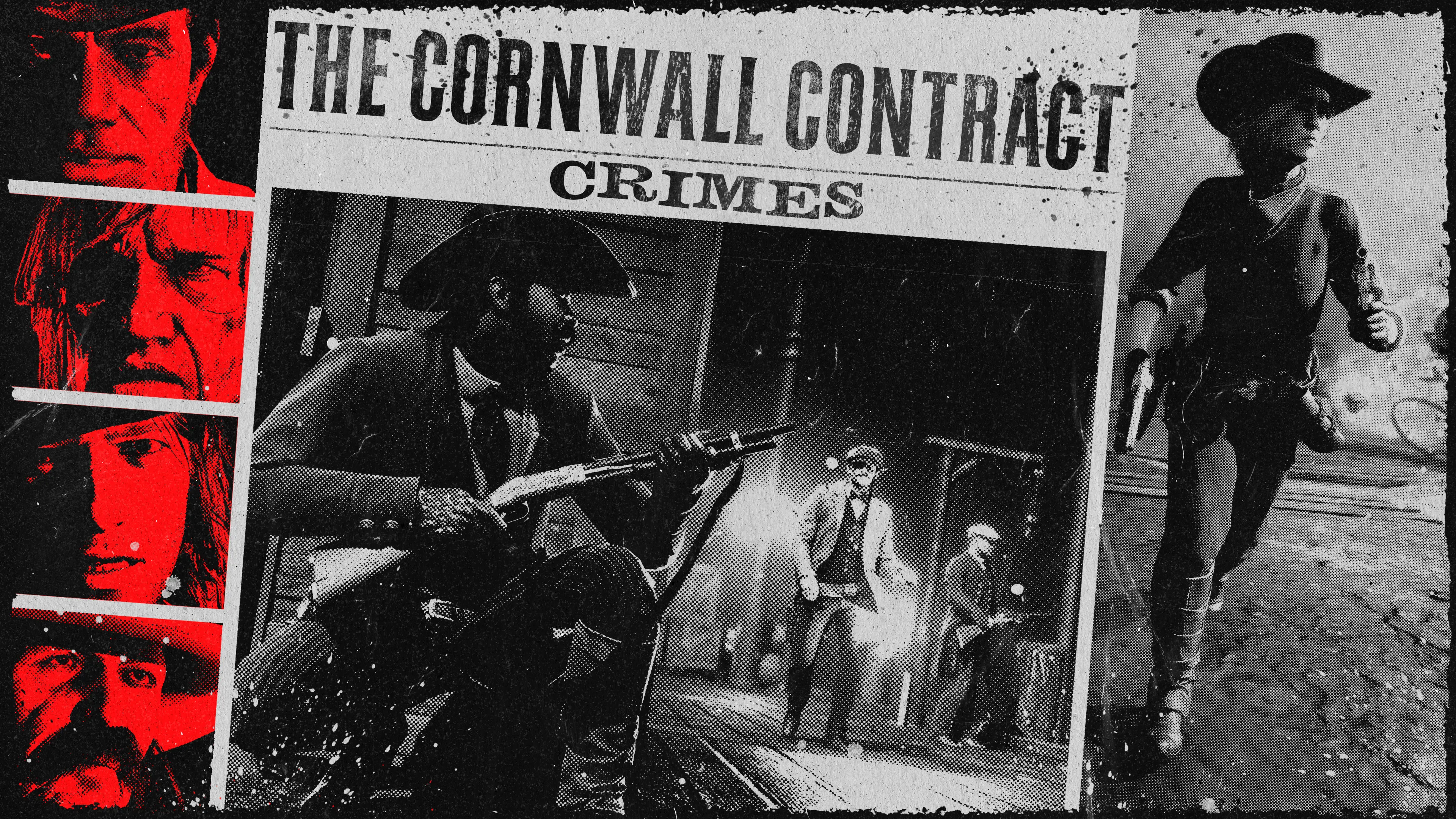 The Cornwall Contract poster with black-and-white scenes of an outlaw shooting on a dock at night.