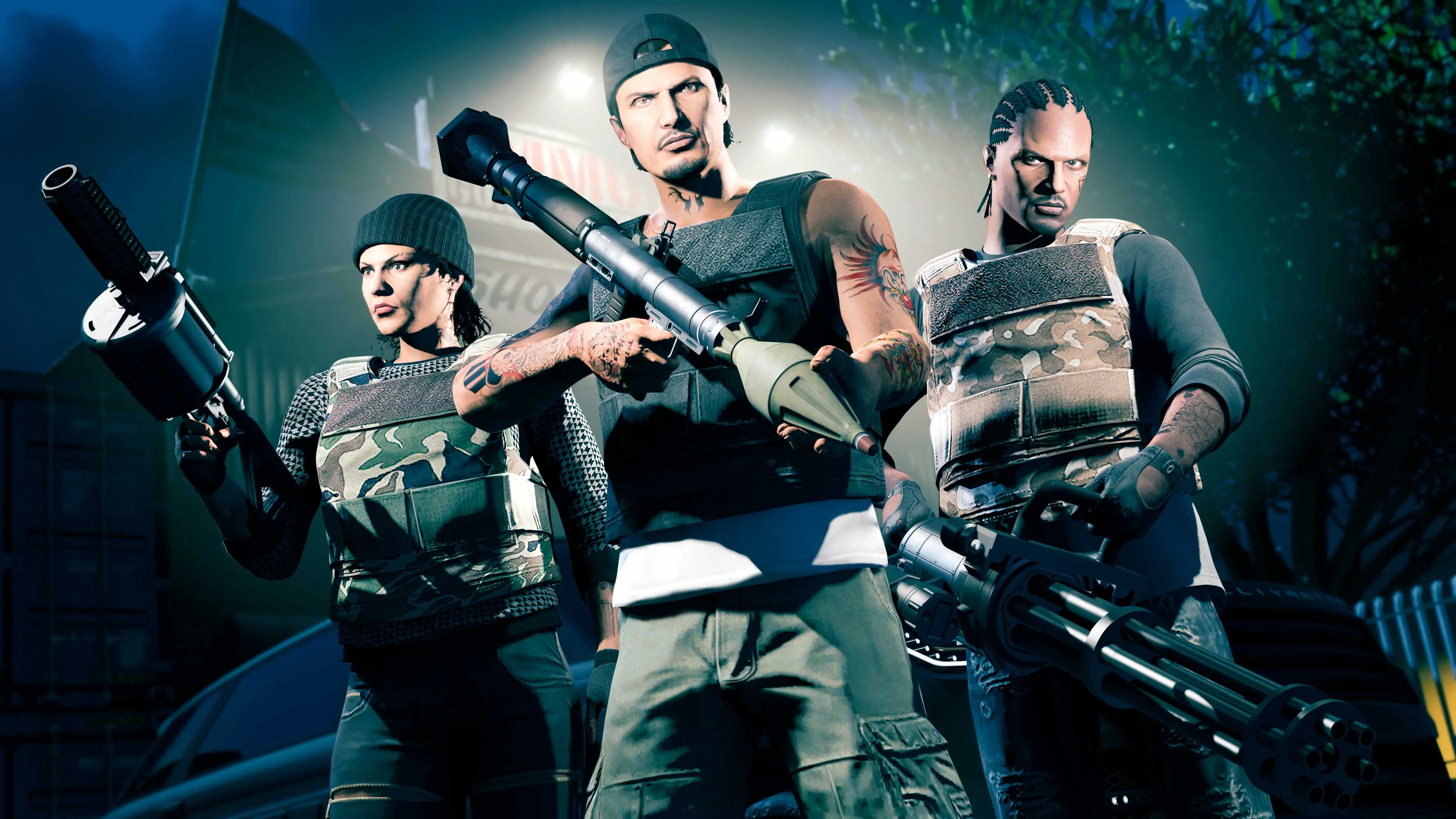 Three GTA Online mercenaries in tactical vests pose with a rocket launcher and a minigun.