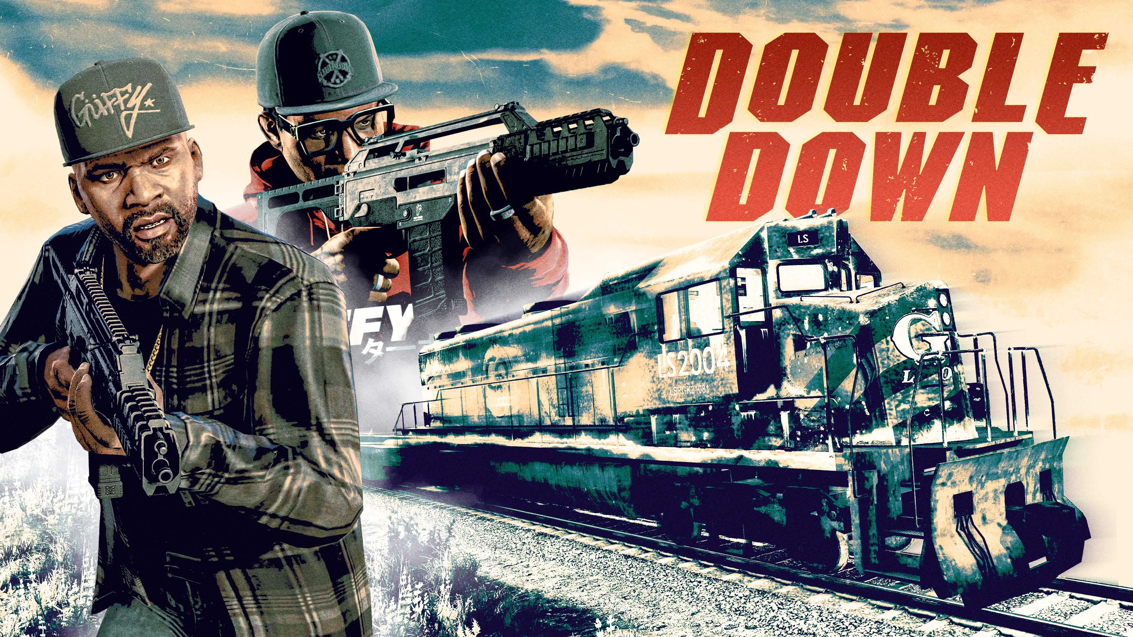 Double Down poster showing Franklin and Lamar armed in front of a locomotive.