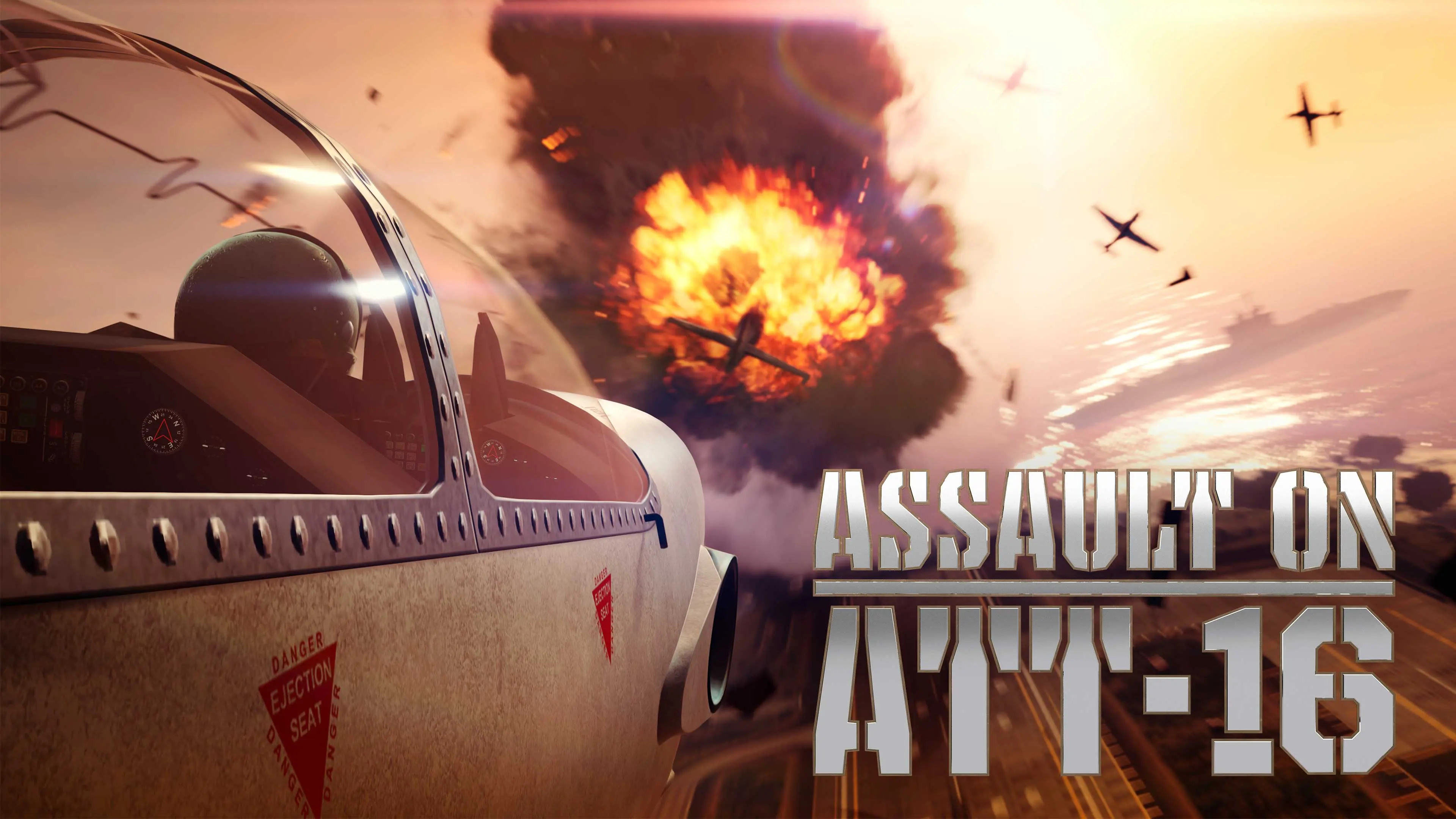Cartel de Assault on ATT-16 con cazas en combate junto a una gran explosión en el aire.