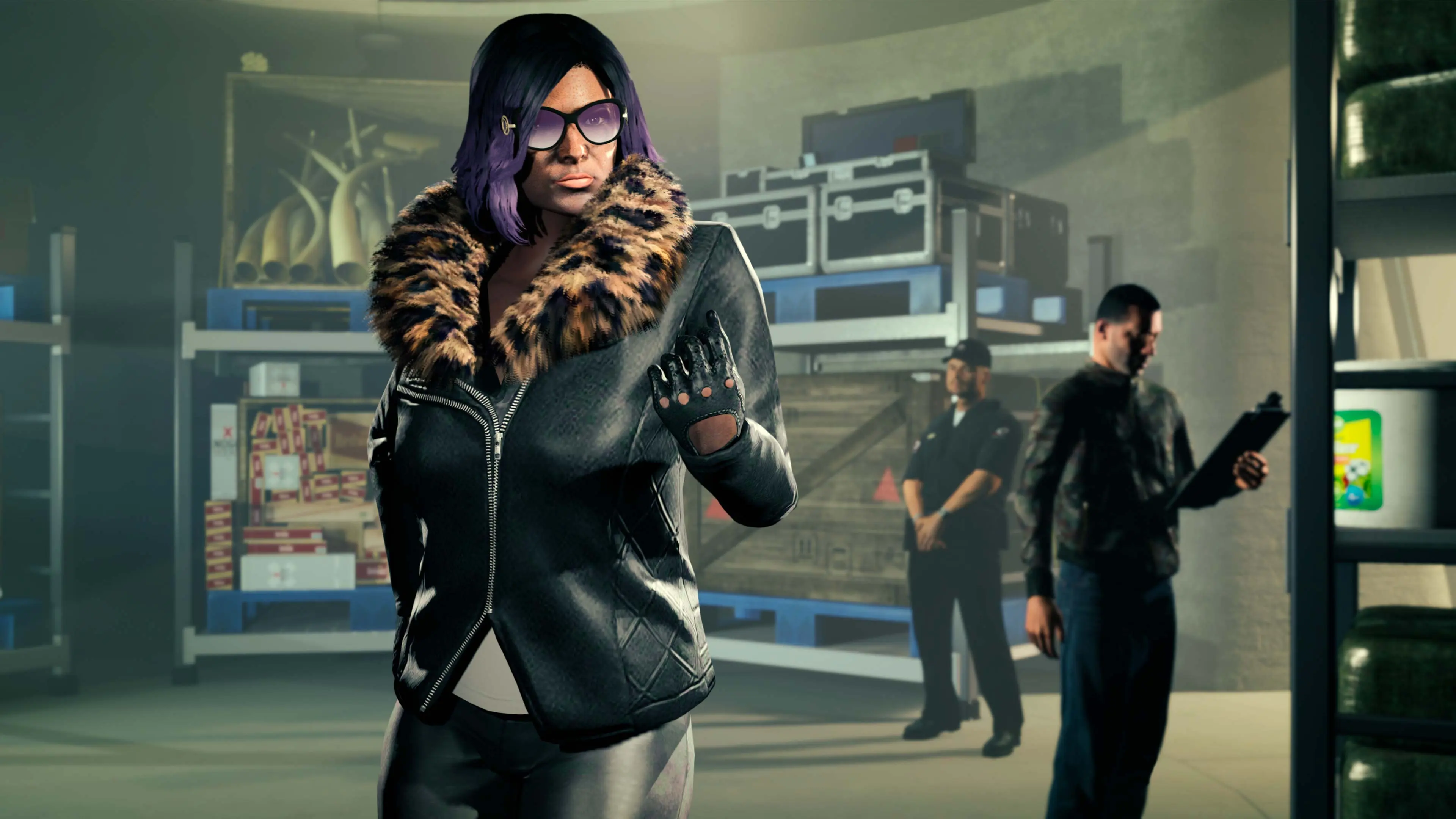 A GTA Online character in a fur-trimmed leather jacket stands in their Nightclub warehouse.