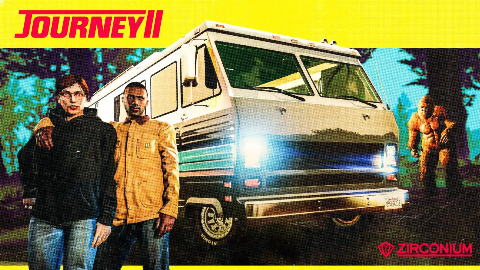Zirconium Journey II motorhome with three characters standing in front.