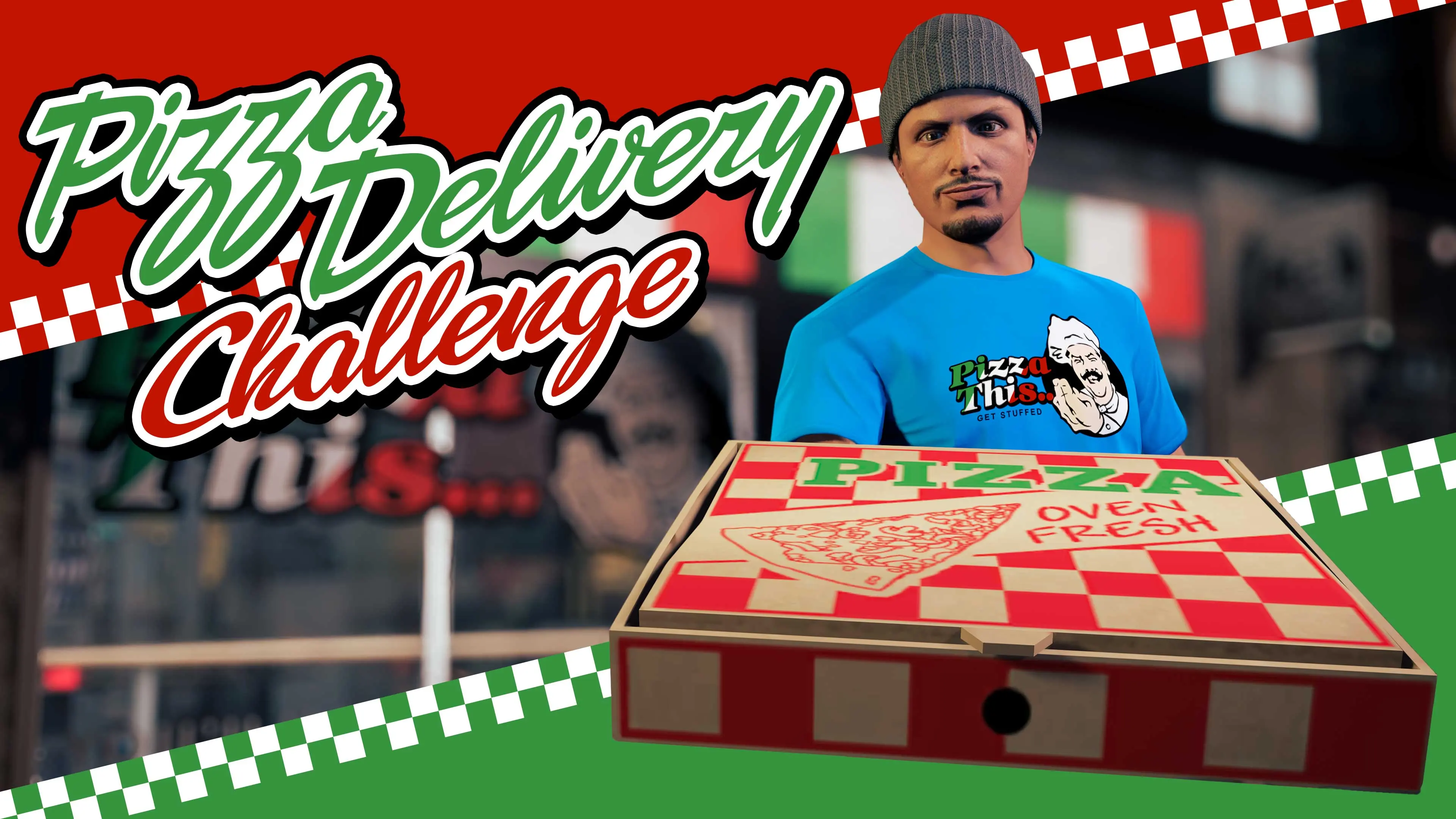 Pizza Delivery Community Challenge poster with a character in a blue Pizza This… tee.