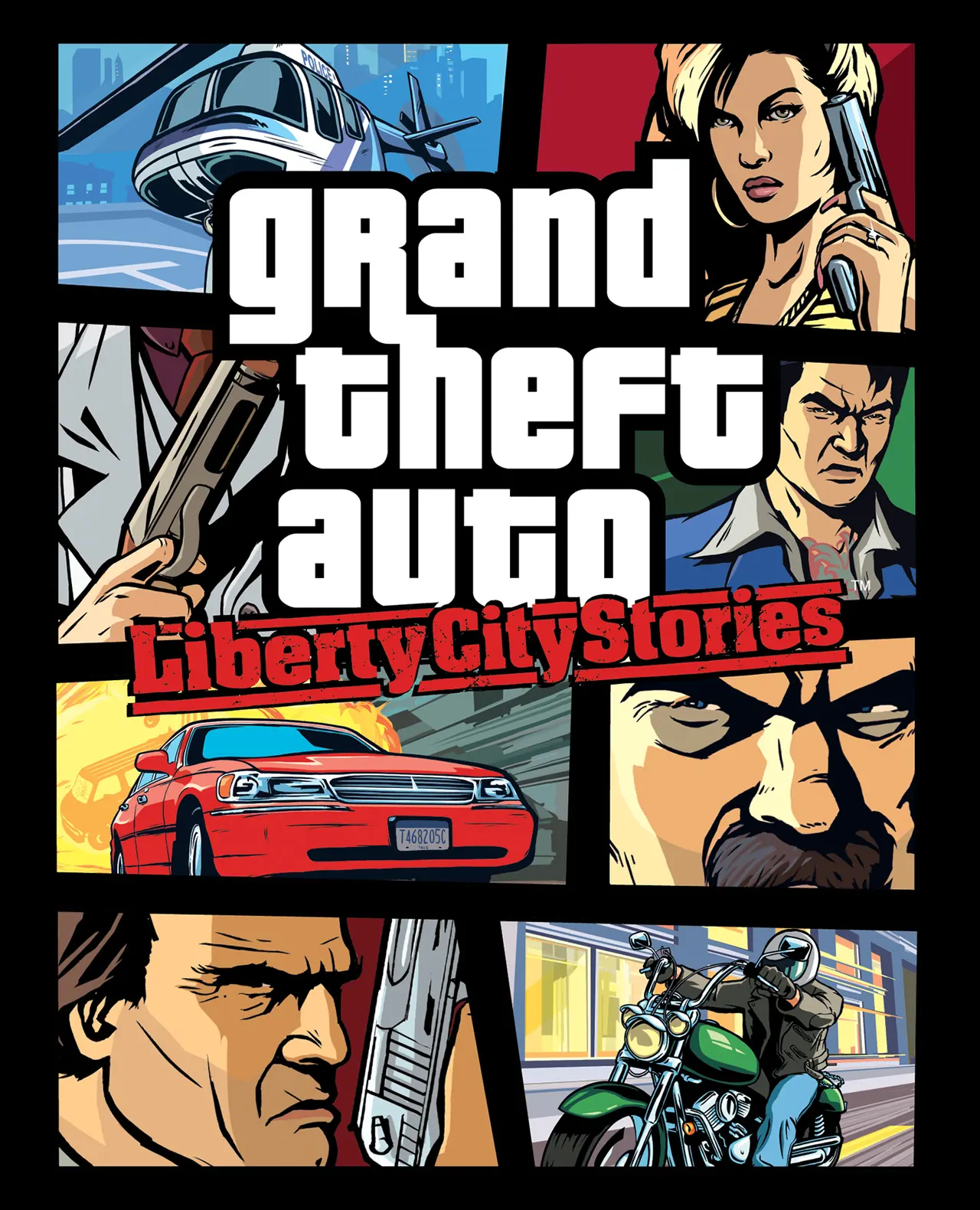 Official GTA Liberty City Stories box art, with the game's logo surrounded by panels of a police helicopter, a woman with a gun, a red sedan and a biker.