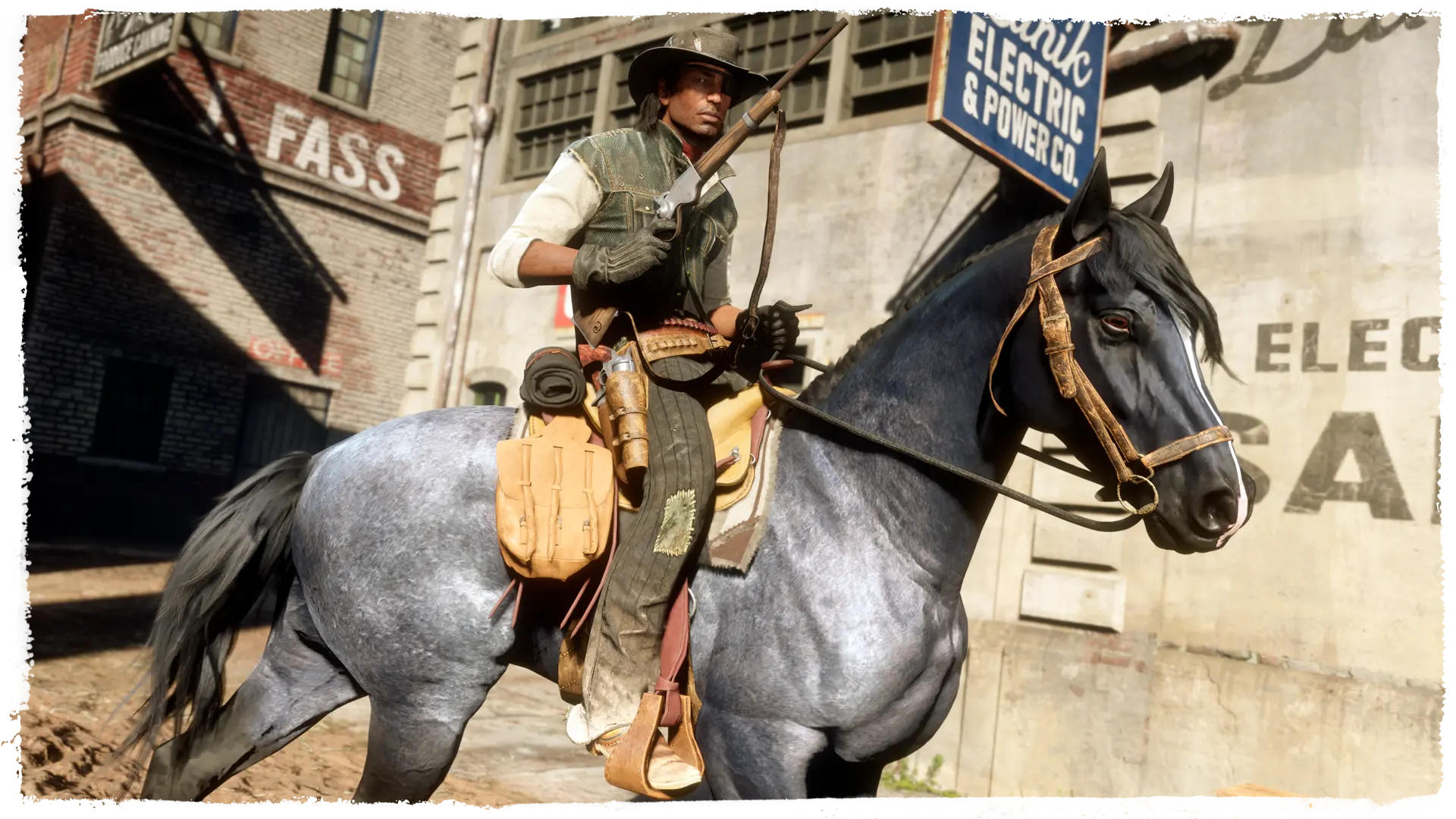 A Red Dead Online rider in a vest with a rifle crosses a town street between brick buildings.