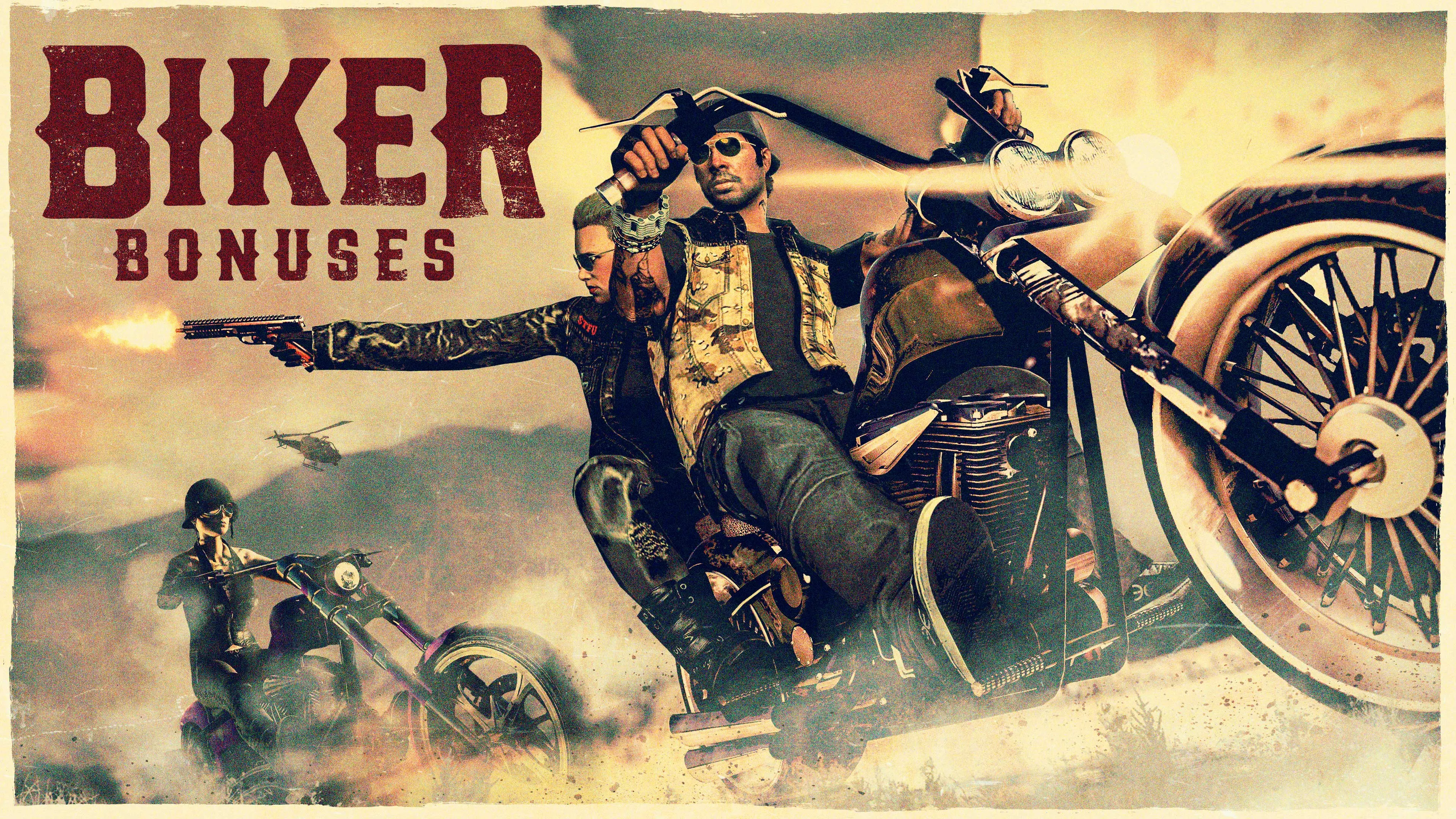 GTA Online Biker bonuses poster: two characters on a motorcycle, one firing a weapon behind them.