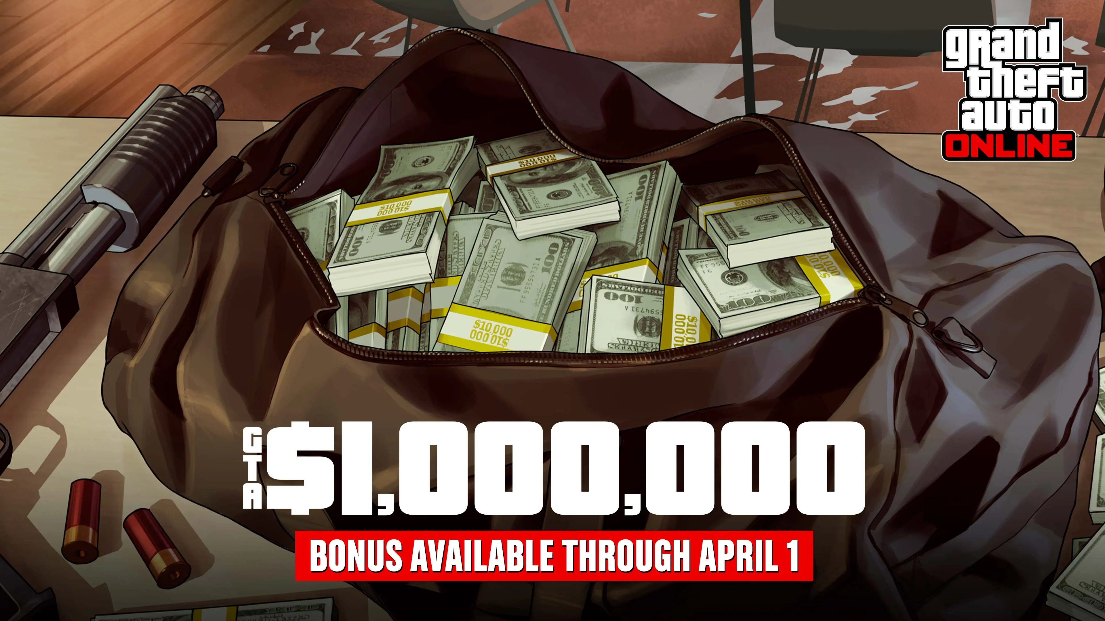 Artwork of a backpack stuffed with banded cash and the text “GTA$1,000,000”.