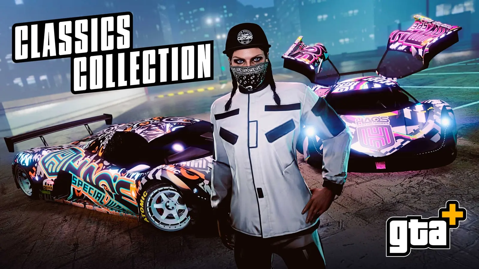 GTA+ Classics Collection poster with a character in an LS Customs cap and neck gaiter next to two customised cars.