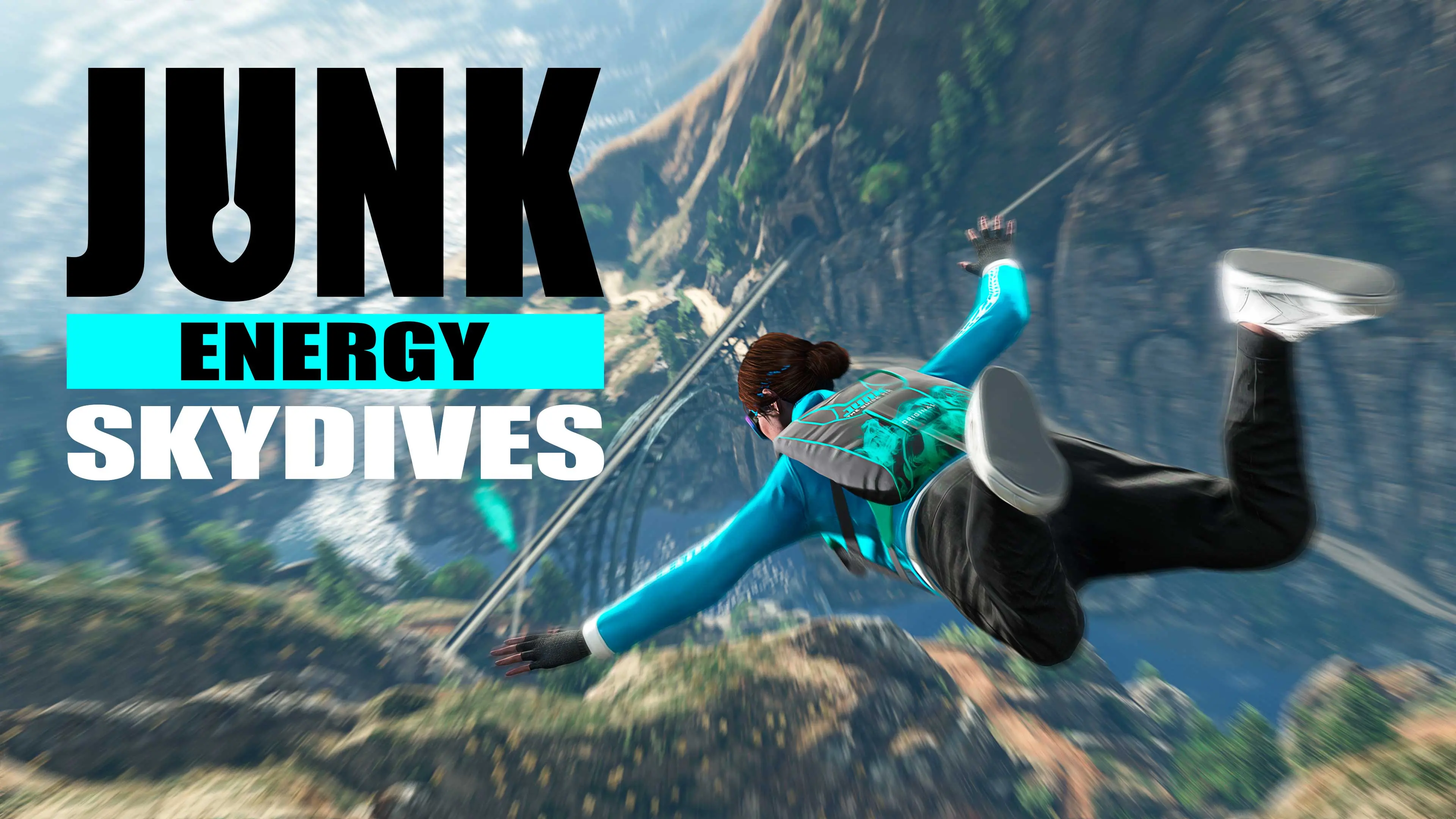 Un personaje de GTA Online se lanza en caída libre sobre un valle con el logotipo de Junk Energy Skydives.