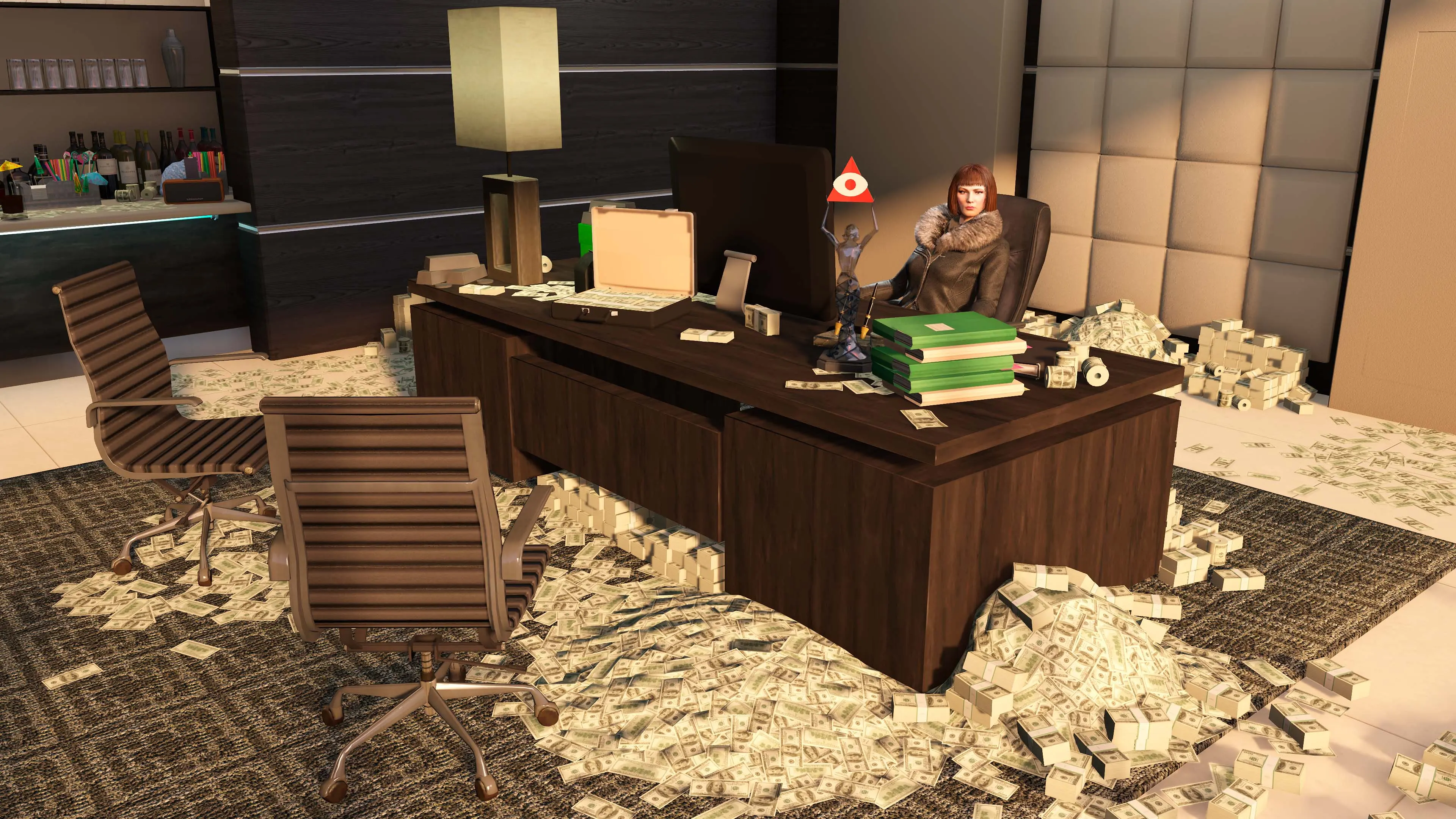 A GTA Online character at their Executive Office desk surrounded by stacks of cash.