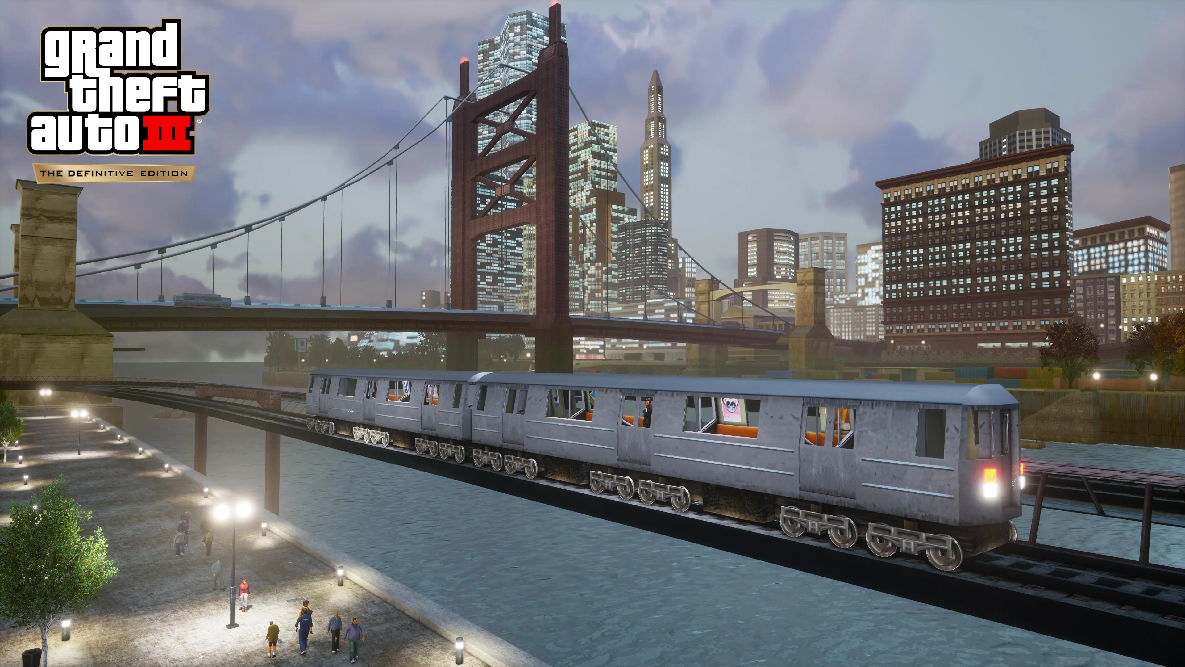 A Liberty City elevated train in GTA III – The Definitive Edition passing a bridge at sunset.