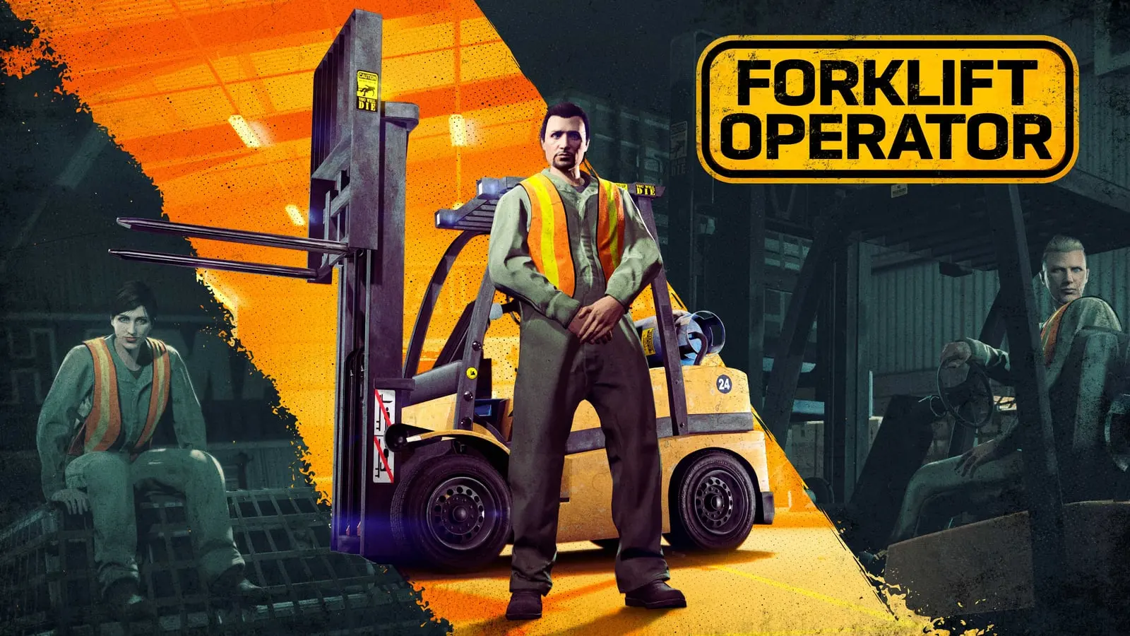 GTA Online Forklift Operator poster: a character standing next to a forklift, surrounded by shots of other workers using it.