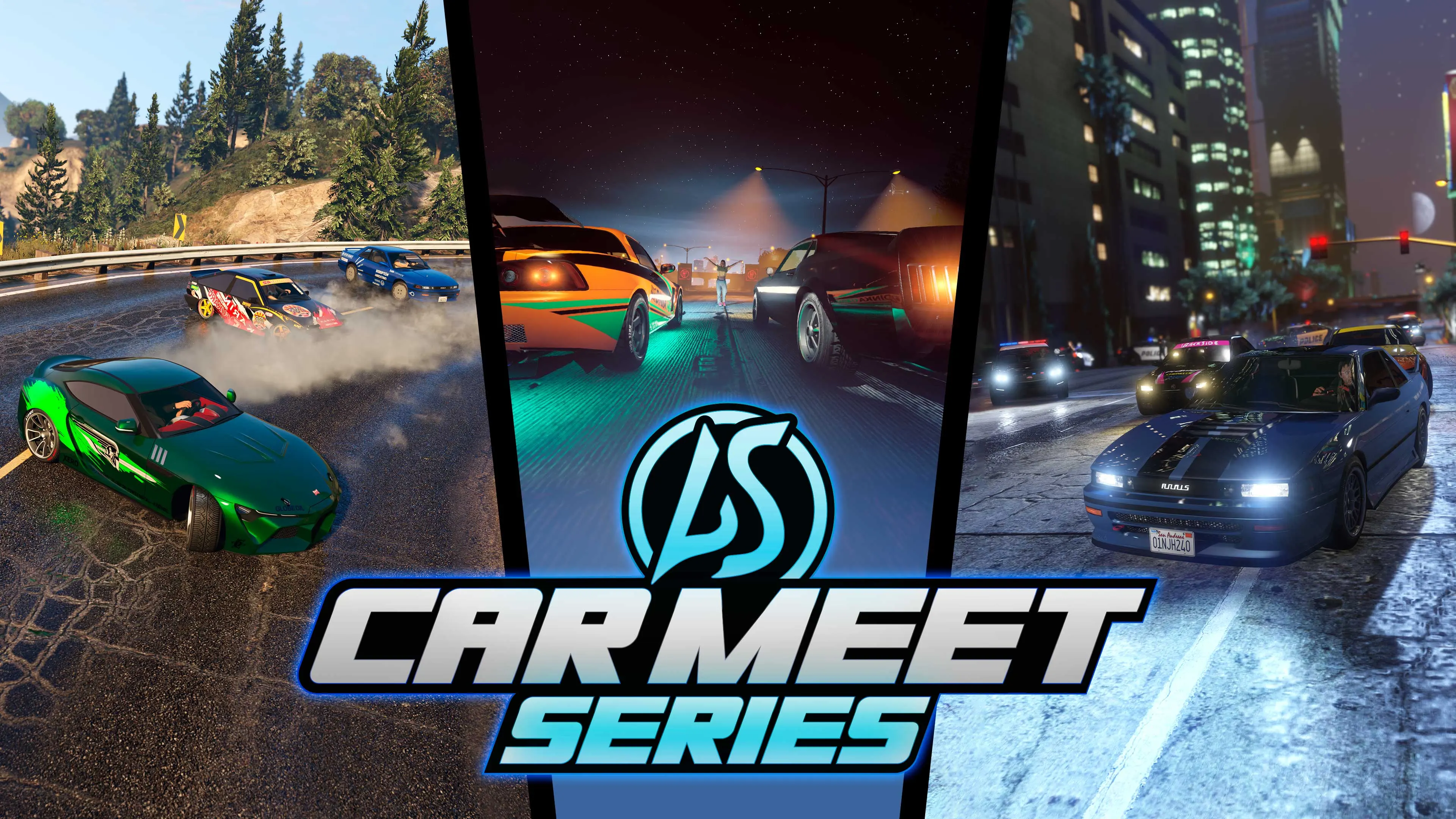 LS Car Meet Series poster showing drift, drag and street racing scenes.