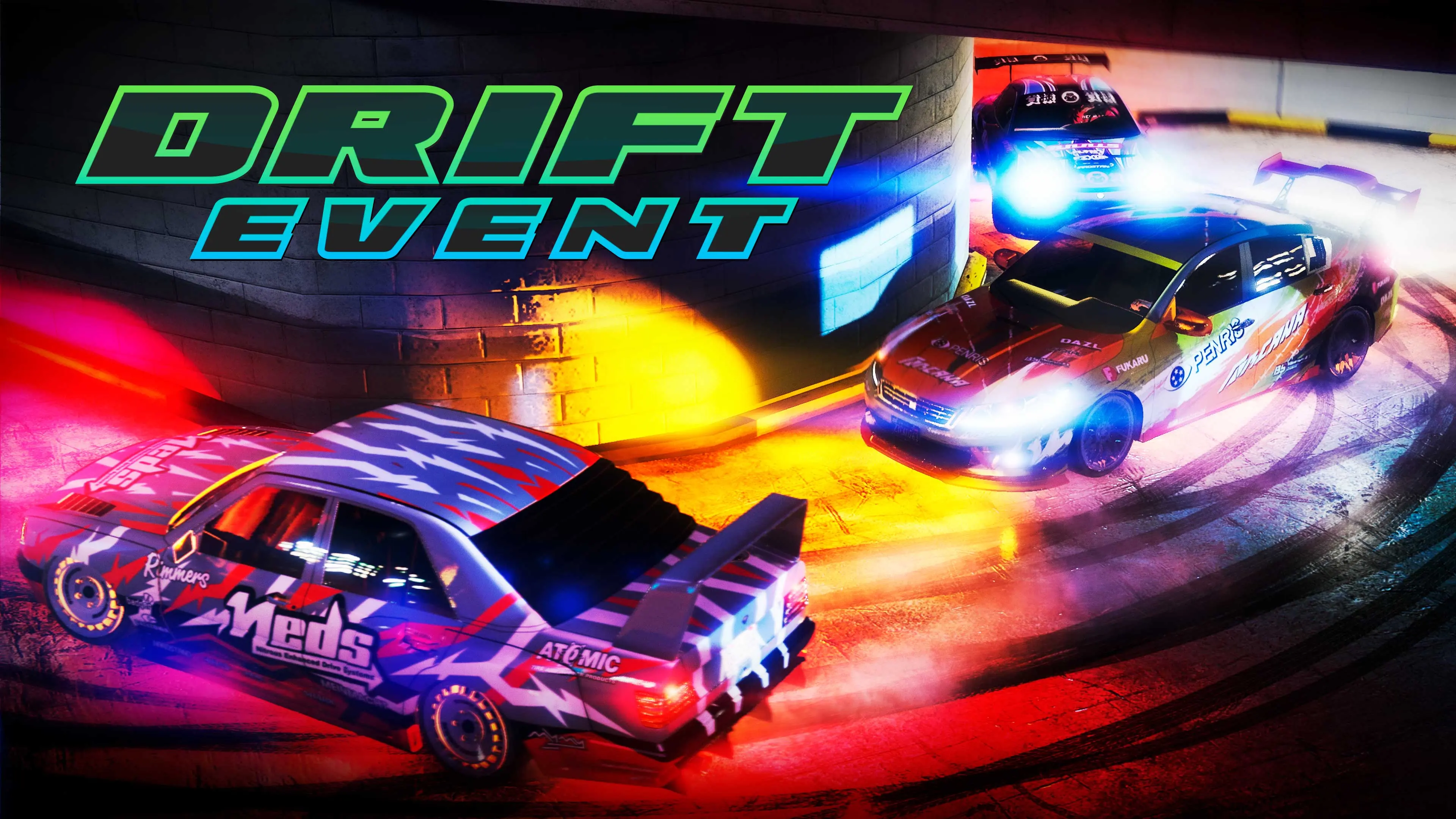 GTA Online Drift Event poster with three modified cars sliding through a corner, headlights blazing.