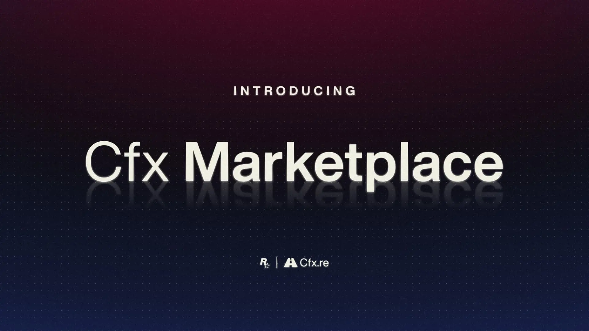 Cartel de presentación del Cfx Marketplace sobre fondo degradado granate y azul, con los logotipos de Rockstar Games y Cfx.re debajo.