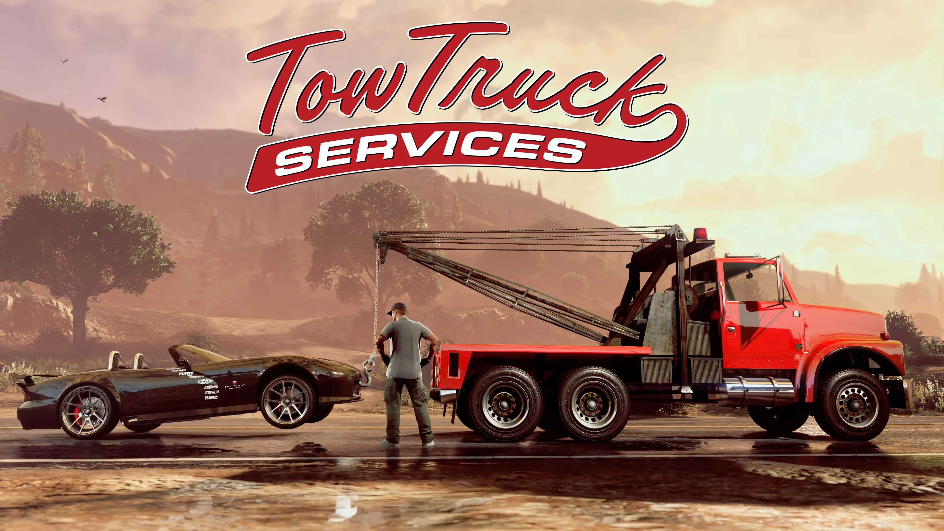 Tow Truck Services poster: a red pickup tows a convertible as a character looks on.