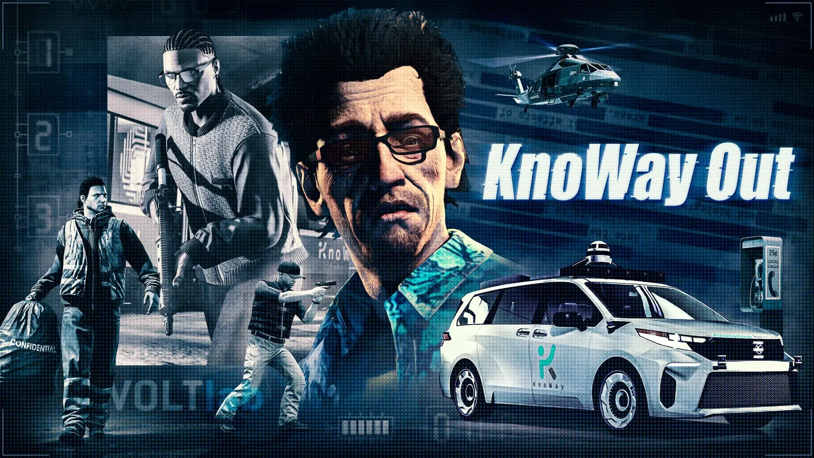 Cartel de KnoWay Out con Avi Schwartzman en primer plano, un coche autónomo y personajes de GTA Online en plena misión.
