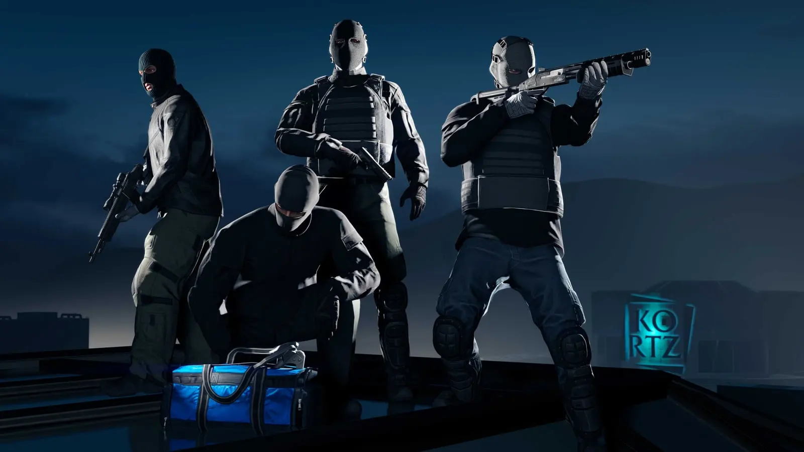 Four GTA Online characters in tactical gear on a rooftop overlooking the Kortz Center sign.