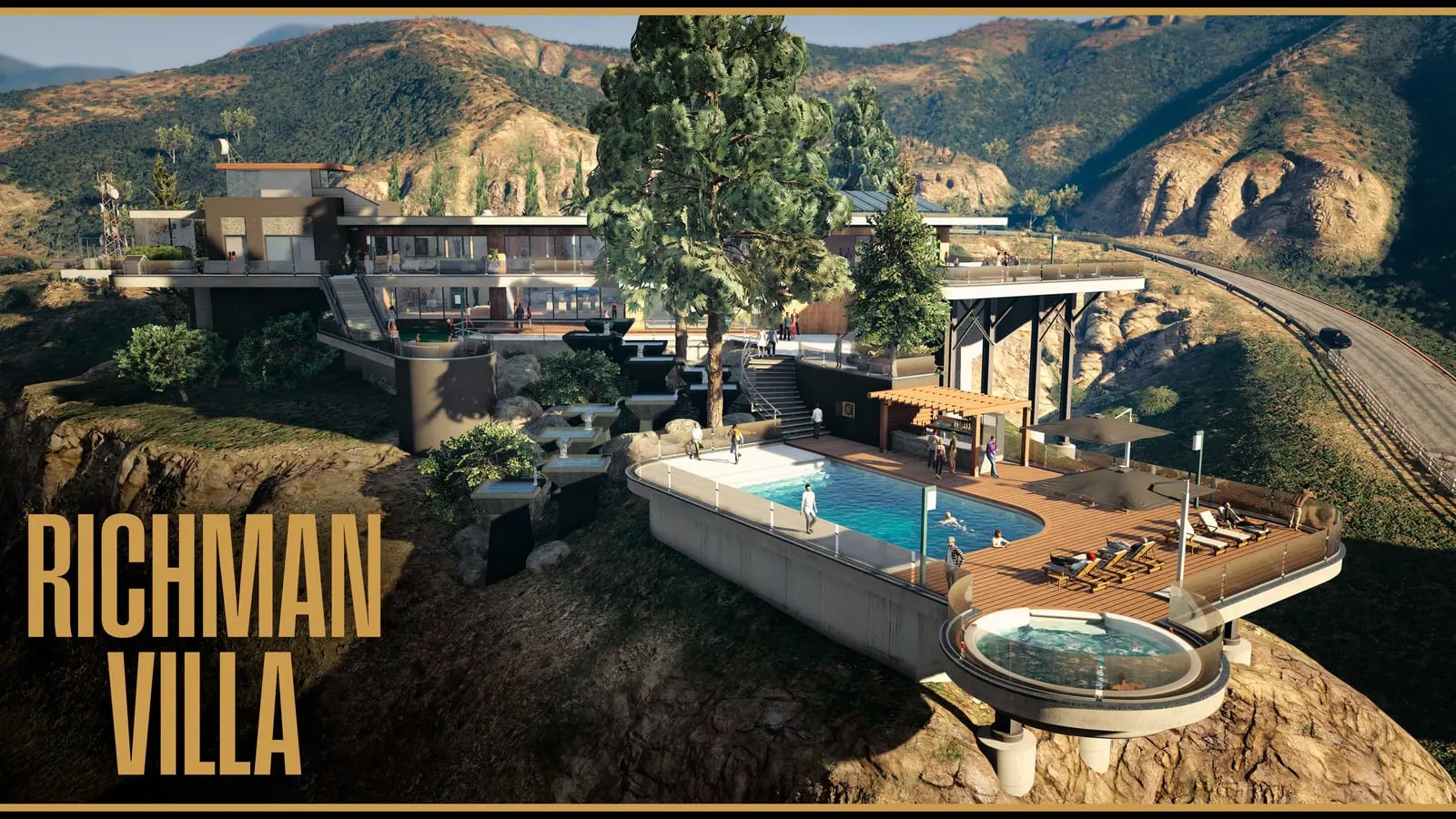 La Richman Villa de GTA Online, una mansión moderna encajada en la montaña con piscina y jacuzzi que sobresalen de la ladera.