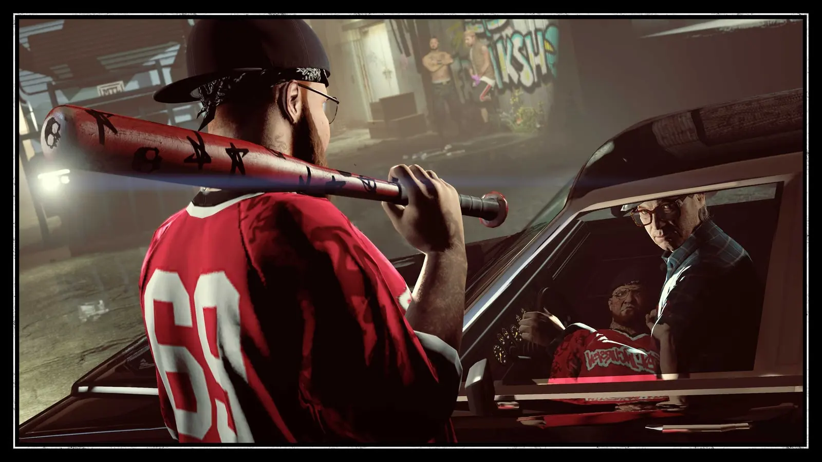 Dax in a red jersey with a baseball bat over his shoulder next to a car where Nervous Ron waits.