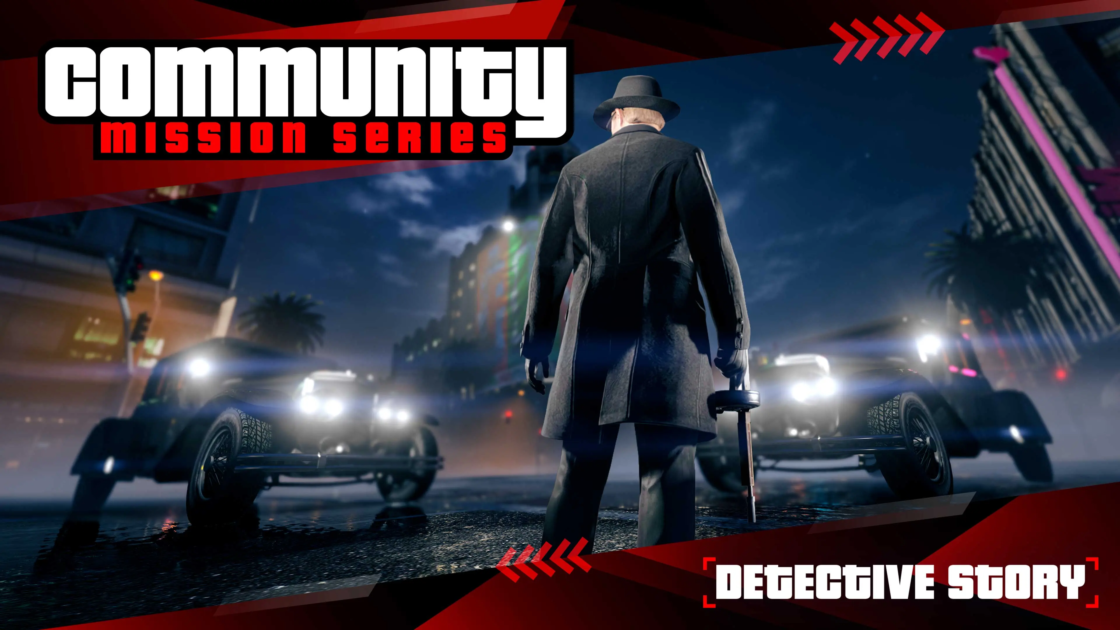 Cartel de la Community Mission Series de GTA Online con un personaje armado con un arma automática.