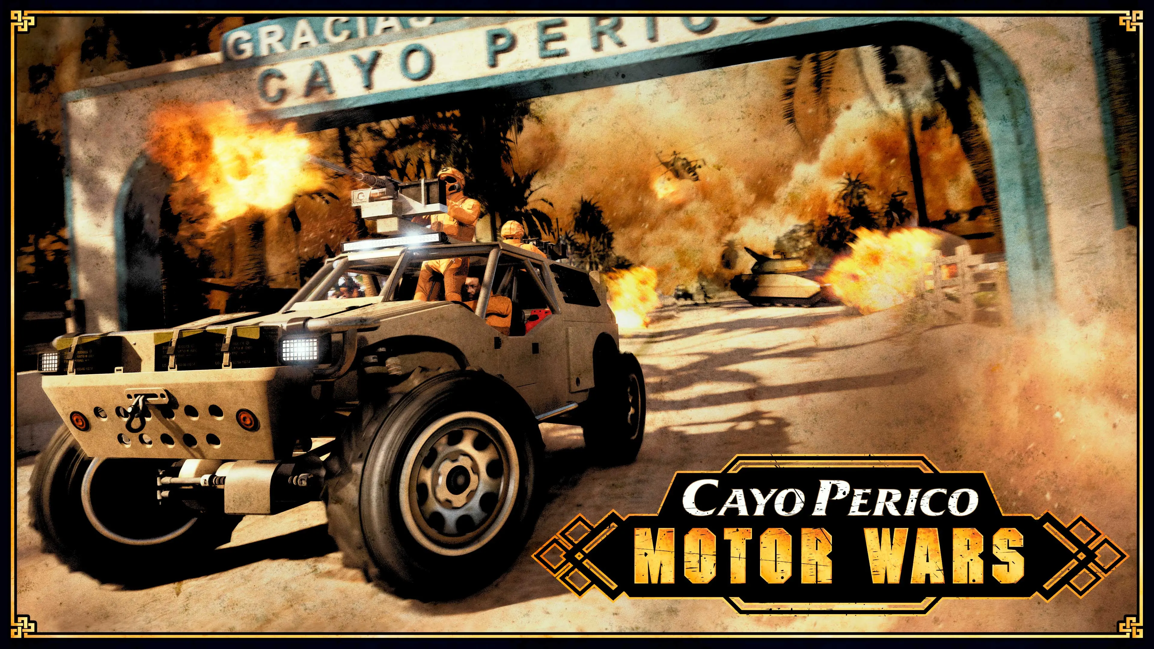 Cartel de Cayo Perico Motor Wars: un todoterreno armado en combate se aleja entre el polvo.