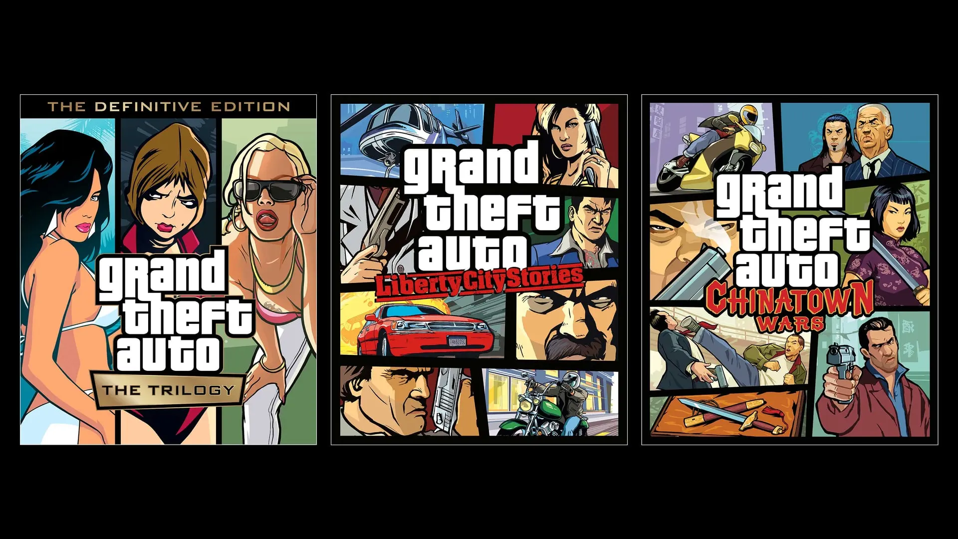 Box art for GTA The Trilogy – The Definitive Edition, GTA Liberty City Stories and GTA Chinatown Wars side by side on a black background.