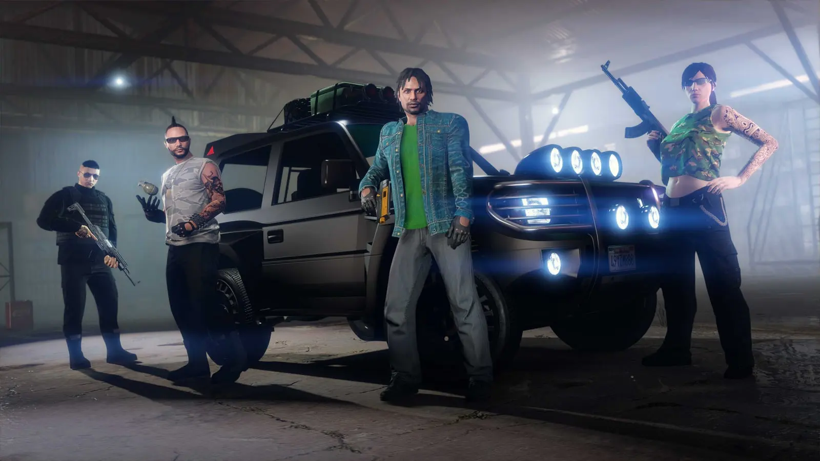Four armed characters posing next to an off-roader in a dim warehouse.