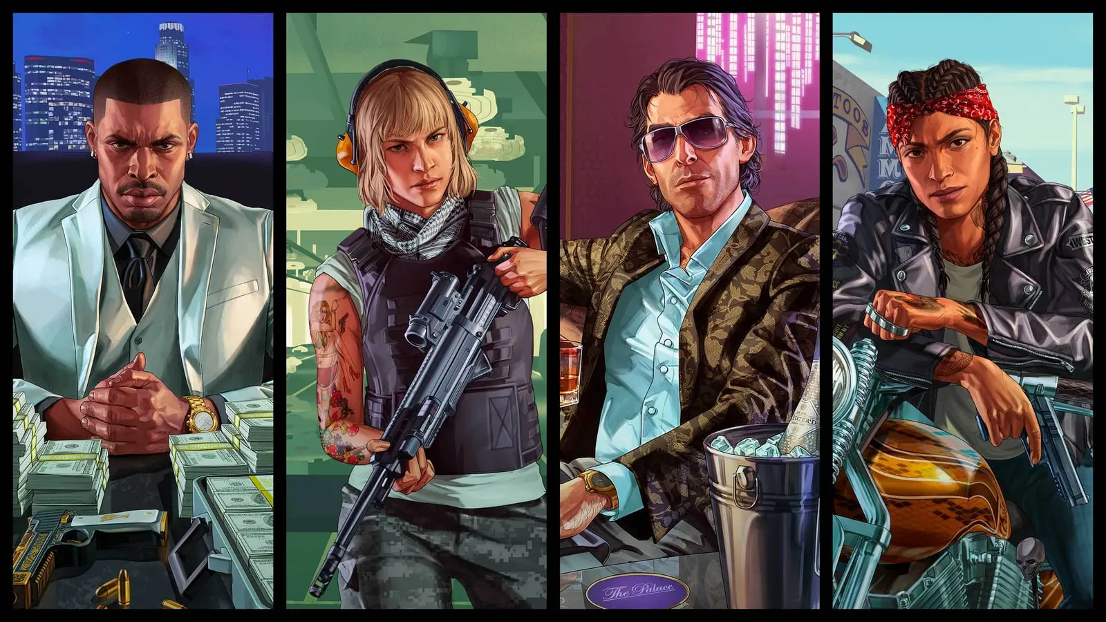 Four GTA Online characters representing the Career Builder paths: Executive, Gunrunner, Nightclub Owner and Biker.