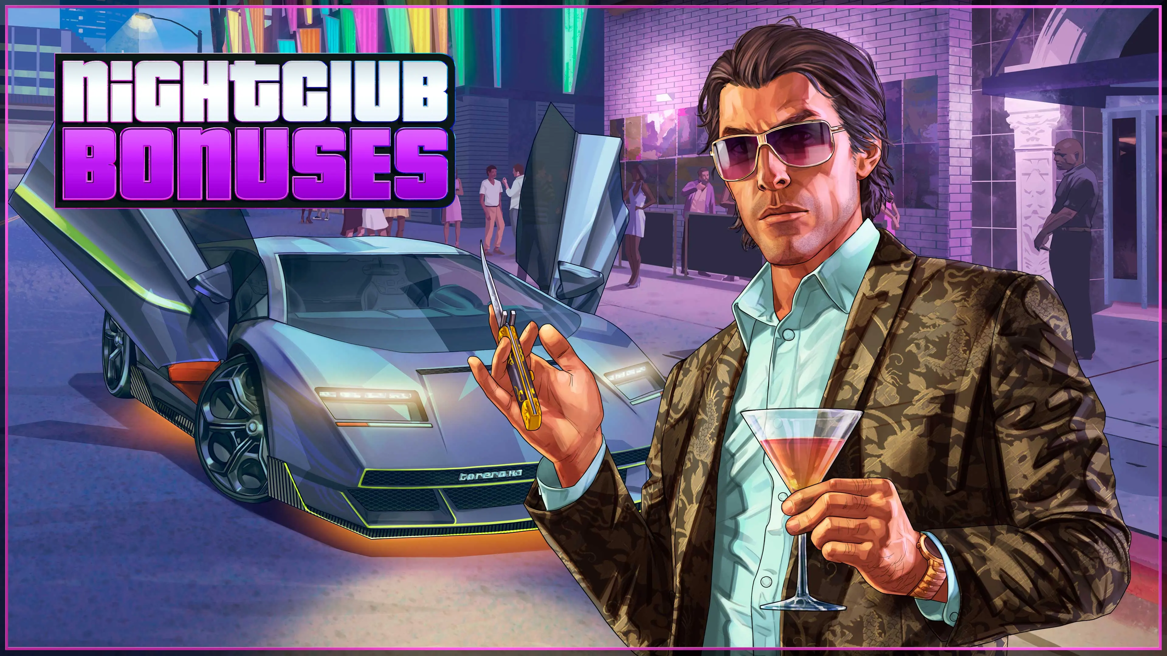 GTA Online Nightclub bonuses poster with a club owner in a patterned green blazer.