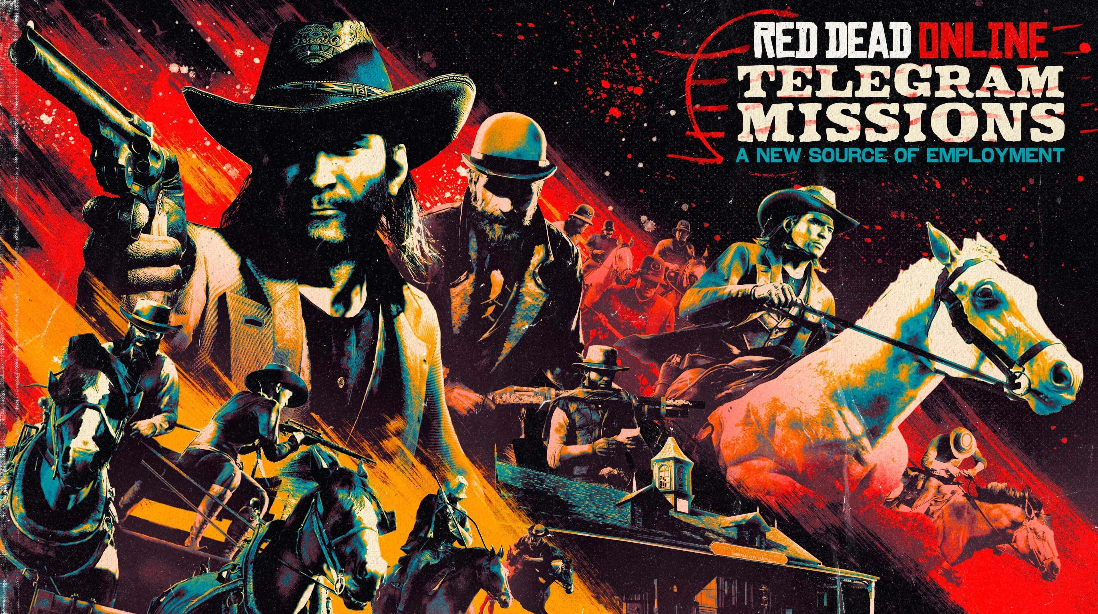 Arte de las misiones de telegrama de Red Dead Online con forajidos armados, un jinete y una diligencia en tonos rojos y amarillos.
