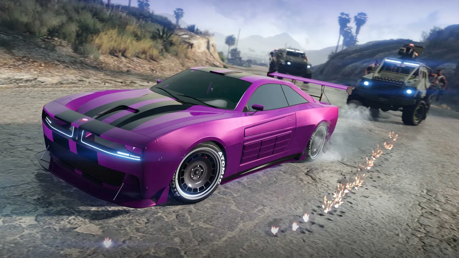 A purple muscle car drifting down a dirt track chased by an armed off-roader.