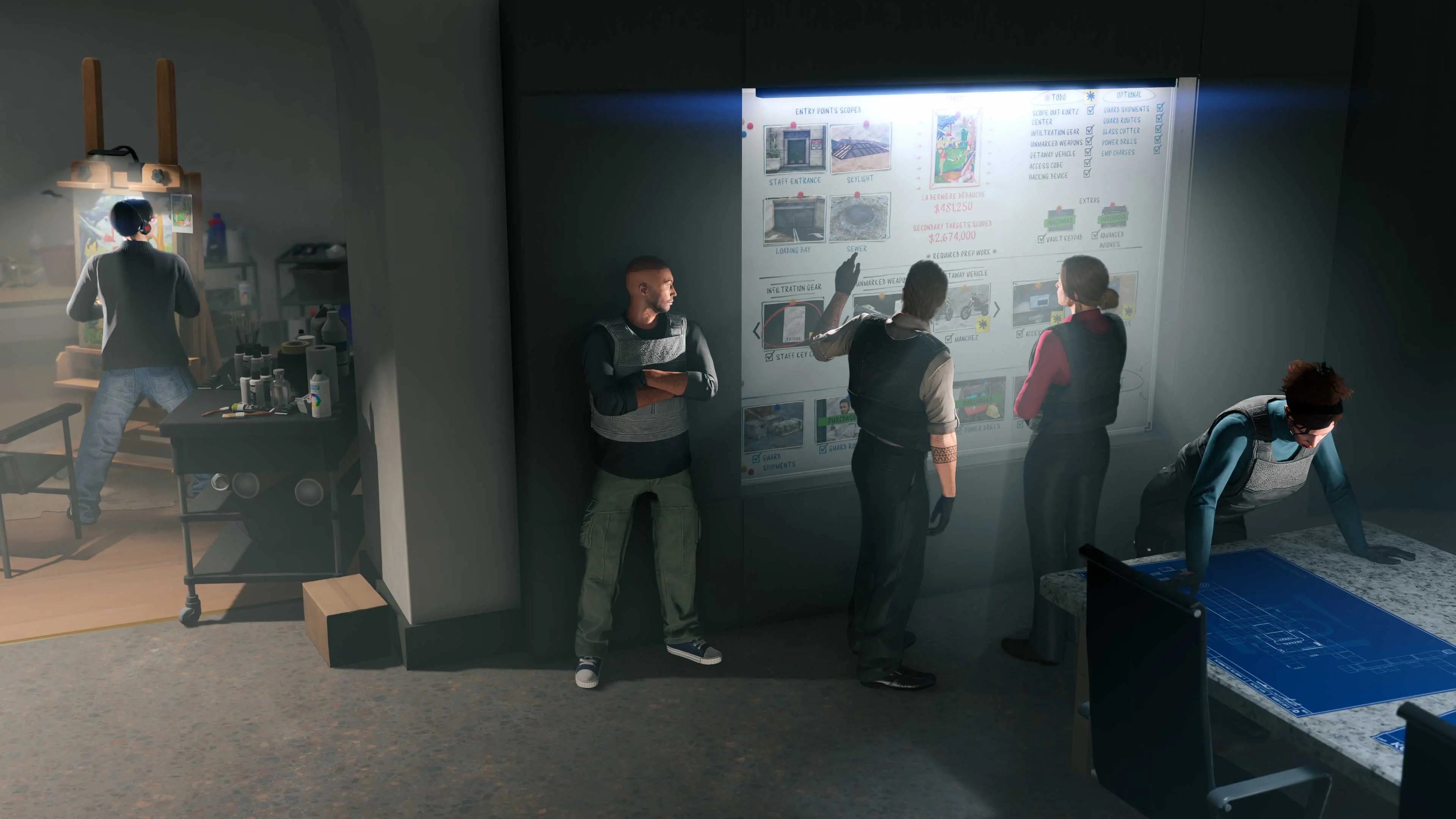 In an art studio, a forger works while geared-up characters plan a heist on a whiteboard.