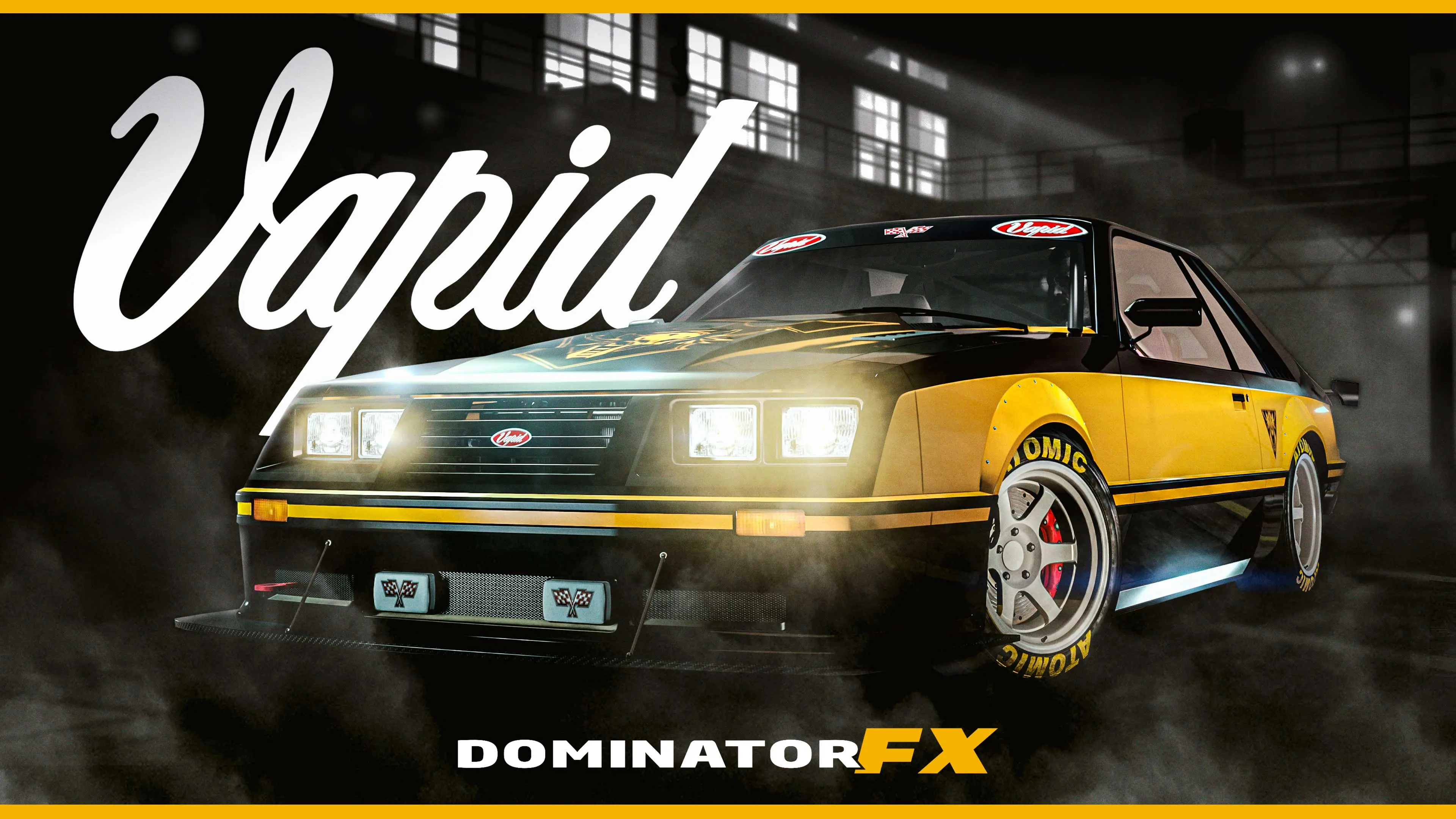 A black three-door Vapid Dominator FX with a thick yellow stripe.
