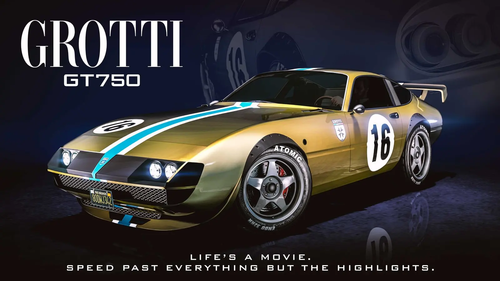 Cartel del Grotti GT750 dorado con franja azul y blanca y el número 16.