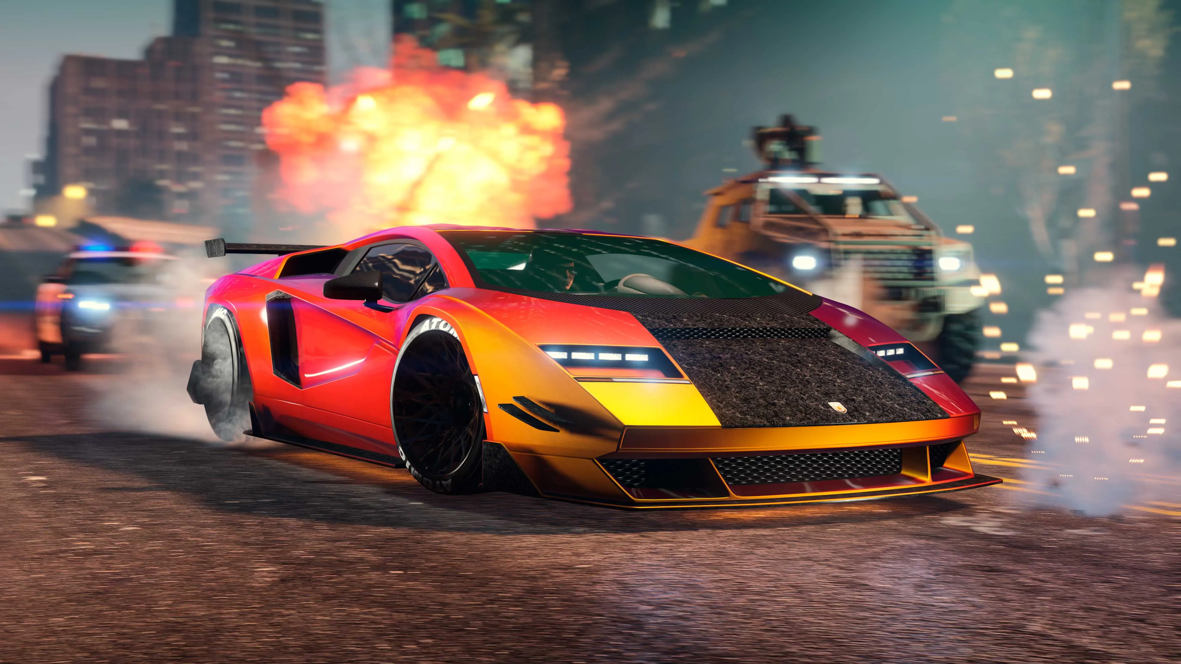 An orange sports car slides between explosions on a Los Santos street.