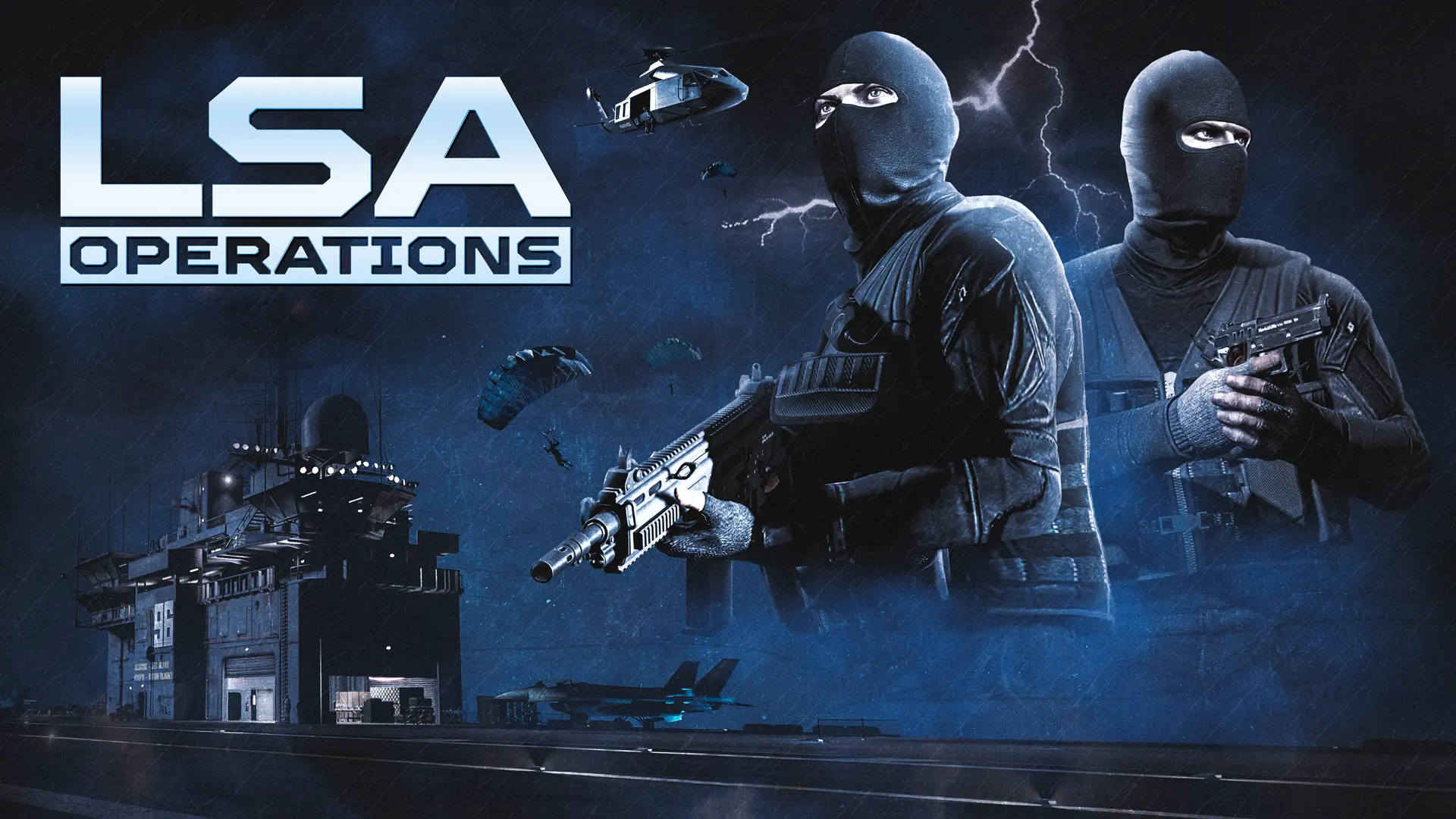 Cartel de las operaciones de LSA con dos mercenarios de Los Santos Angels vestidos de negro.
