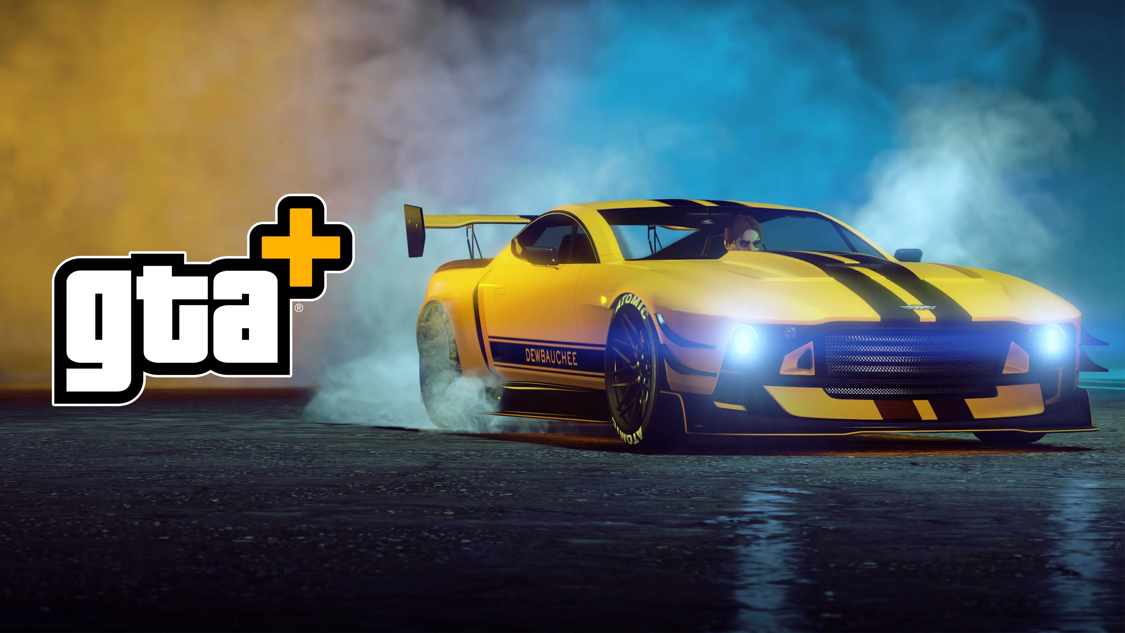 A yellow Dewbauchee Champion surrounded by smoke from its spinning wheels.