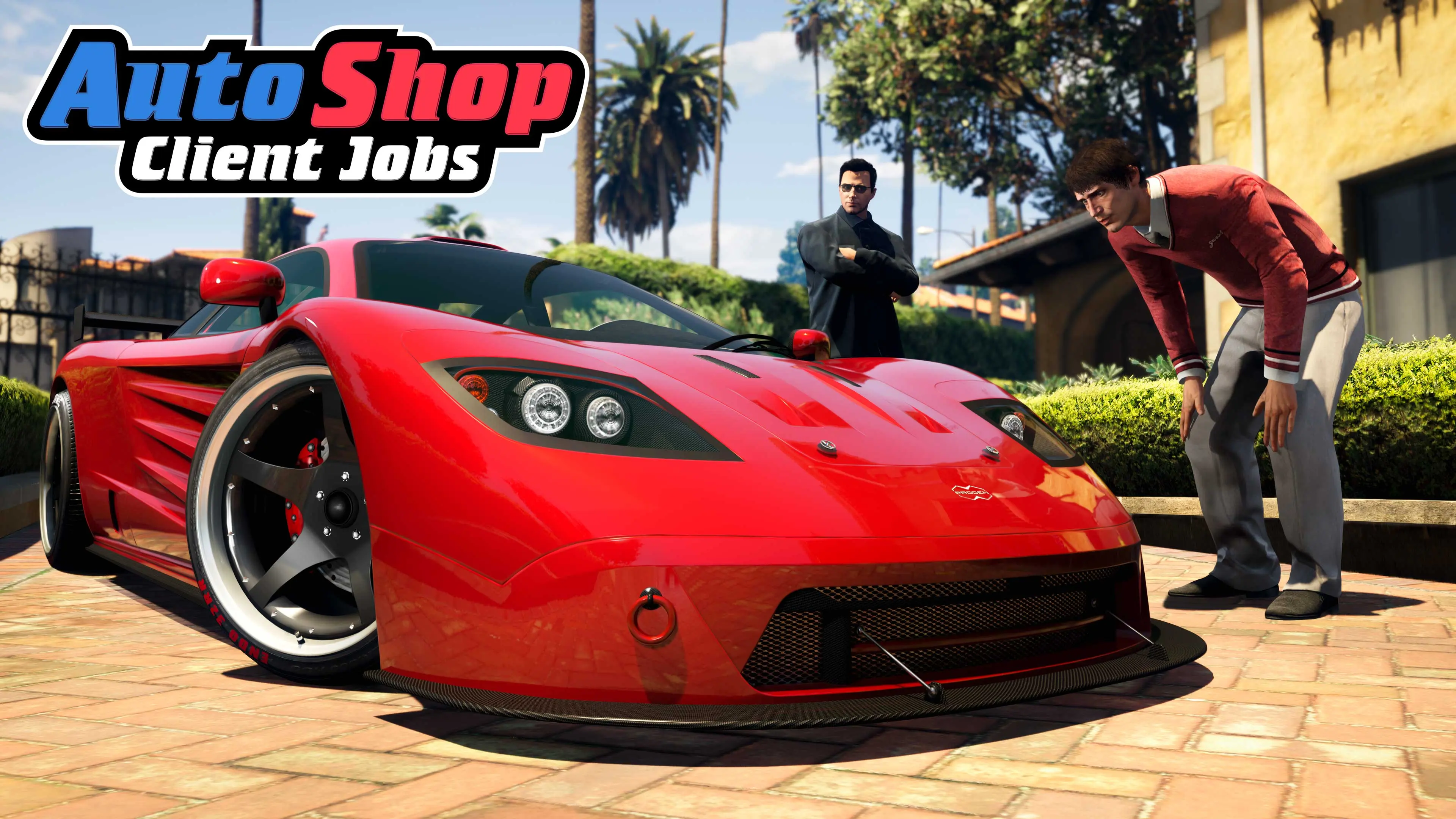 Auto Shop Client Jobs poster: a buyer and a seller admire a red supercar.