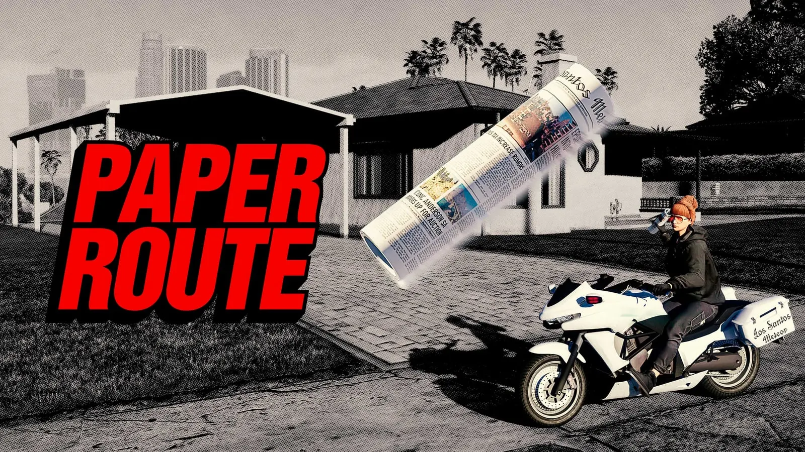 GTA Online Paper Route poster: a character on a motorbike throwing a newspaper in front of a house.
