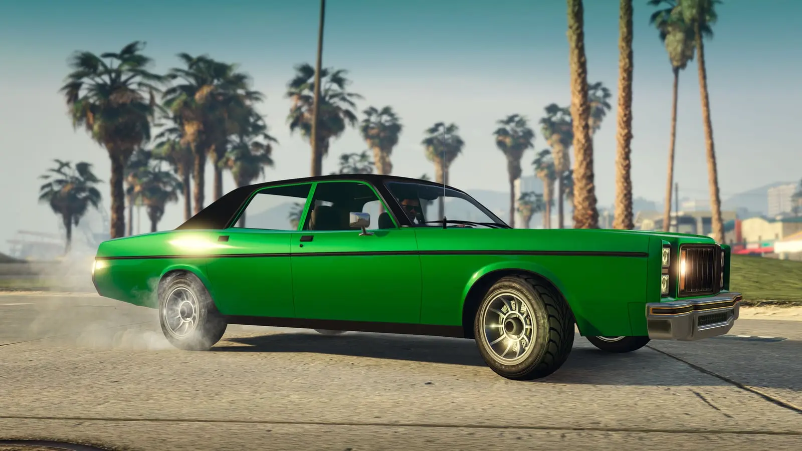 A green muscle car drifting on a palm-lined street.