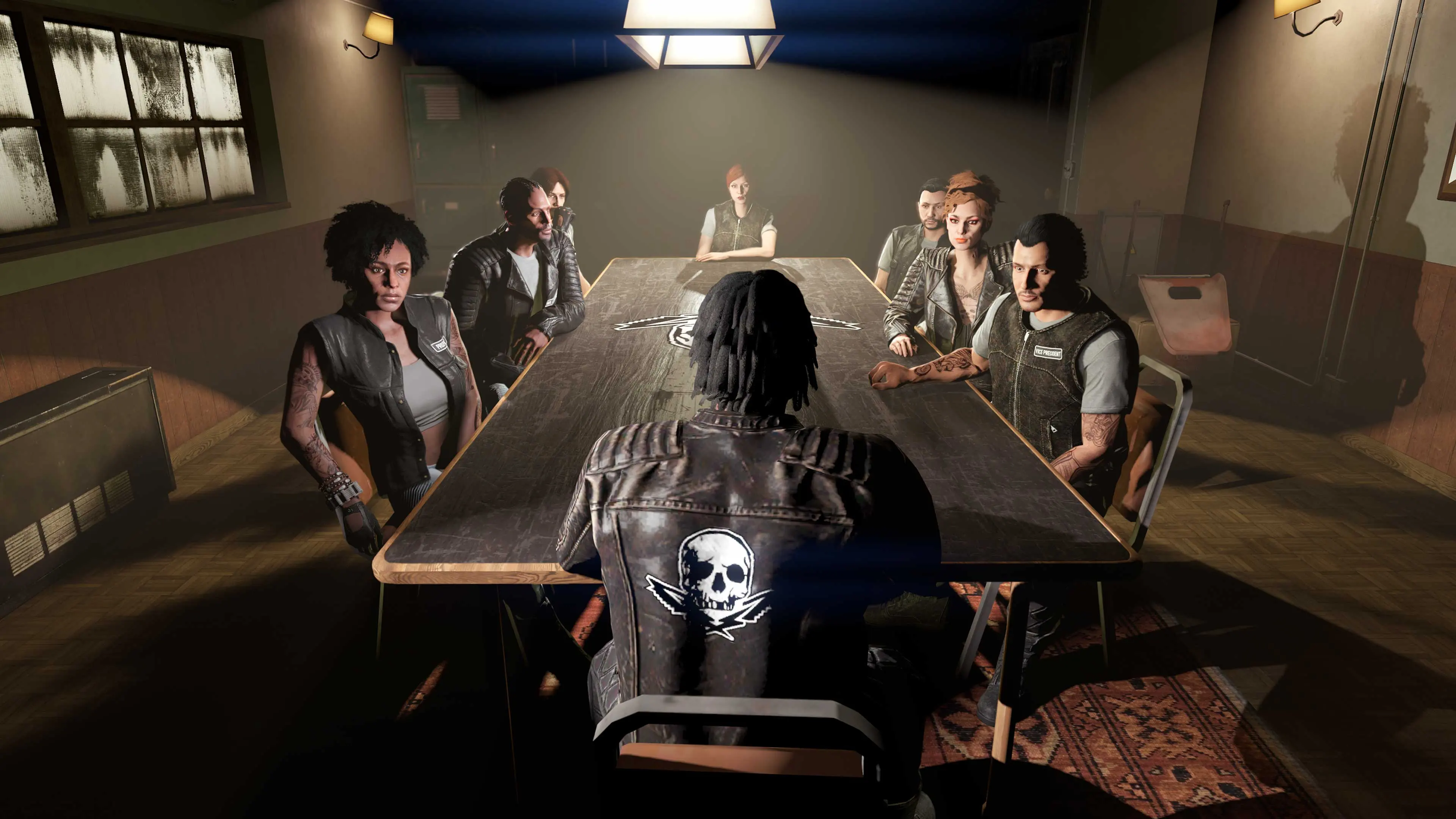 GTA Online Bikers gathered around a long table for a meeting in their Clubhouse.