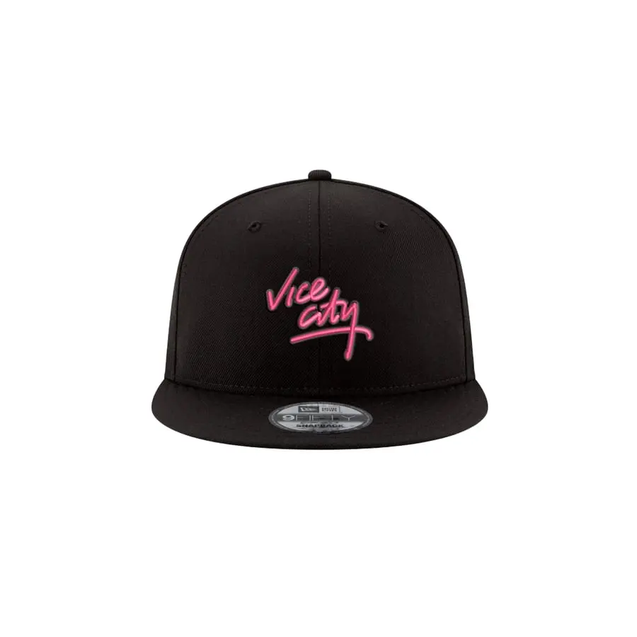 Black New Era snapback with the Vice City logo embroidered in neon pink.