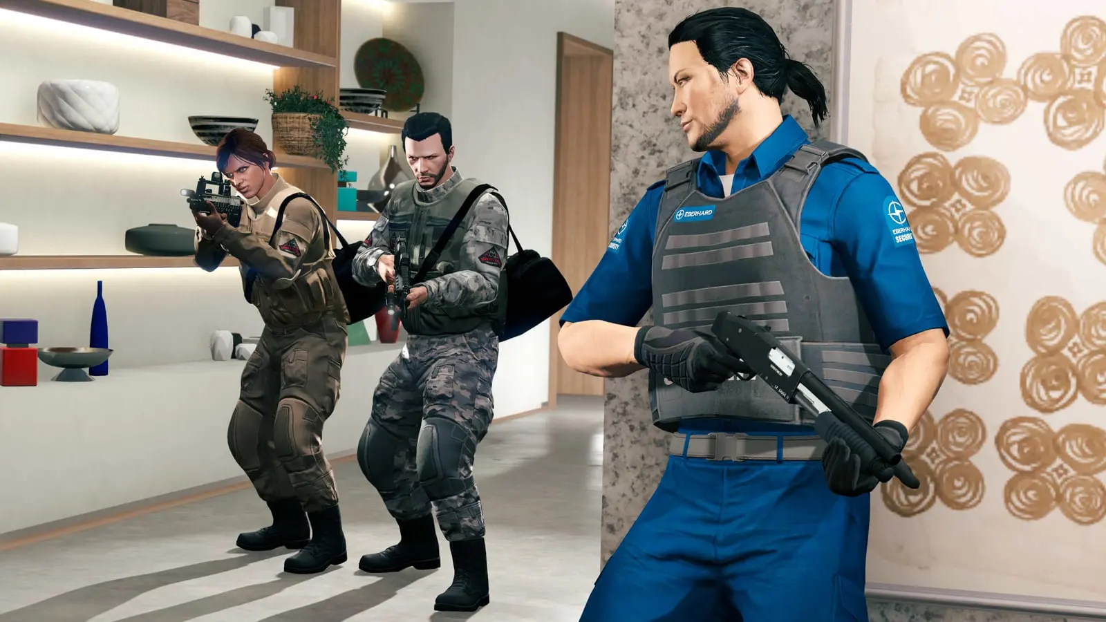 An armed GTA Online character hides behind a wall while two others stand guard with weapons raised in a mansion hallway.