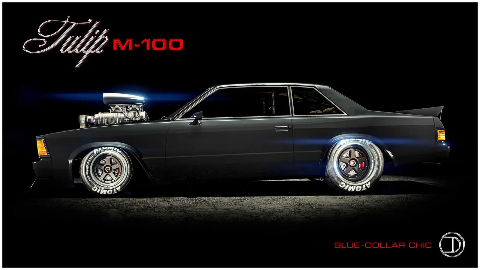 Black Declasse Tulip M-100 with a supercharger on a dark background.