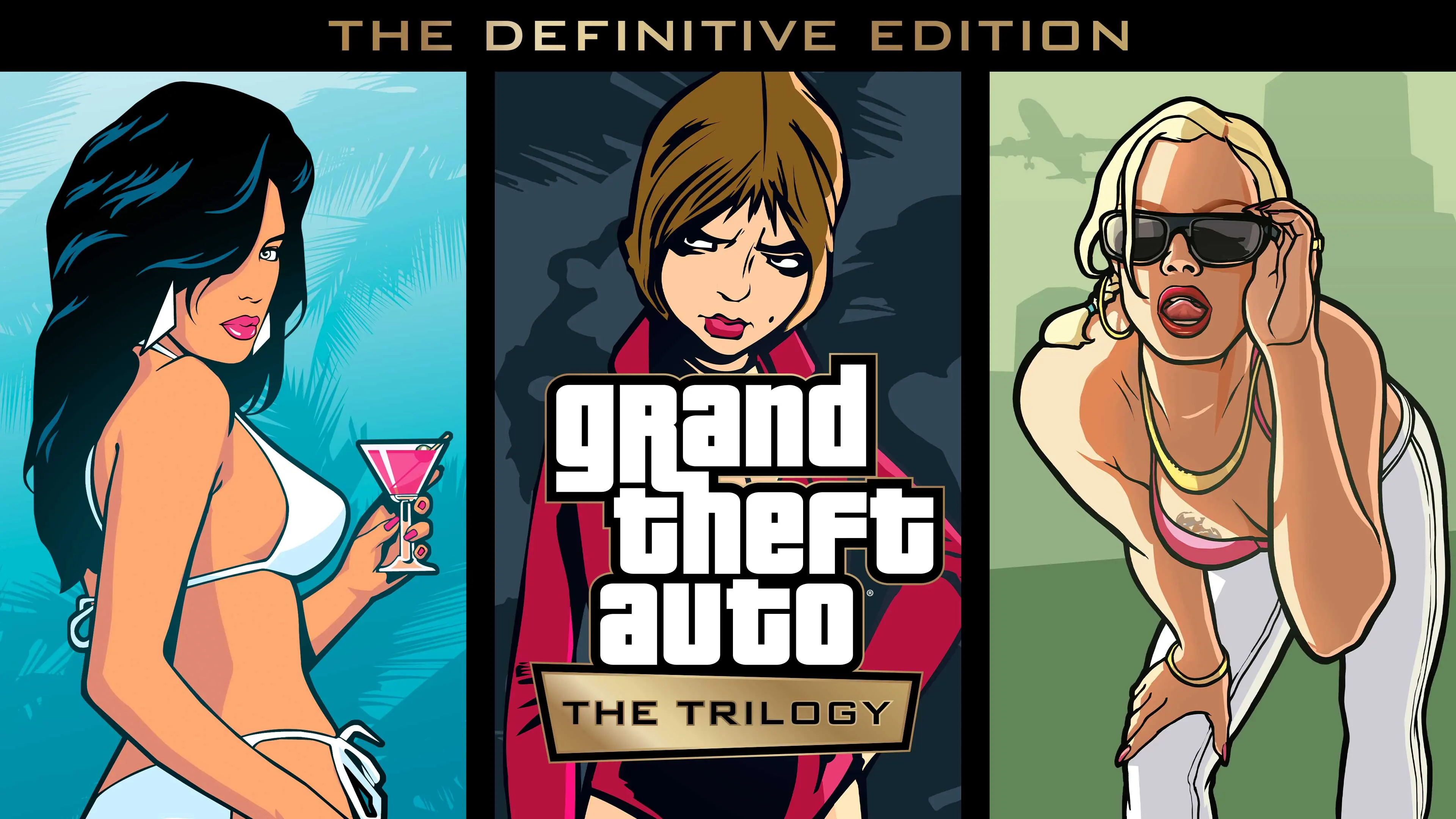 GTA The Trilogy – The Definitive Edition key art showing three women in the style of the series’ classic covers.